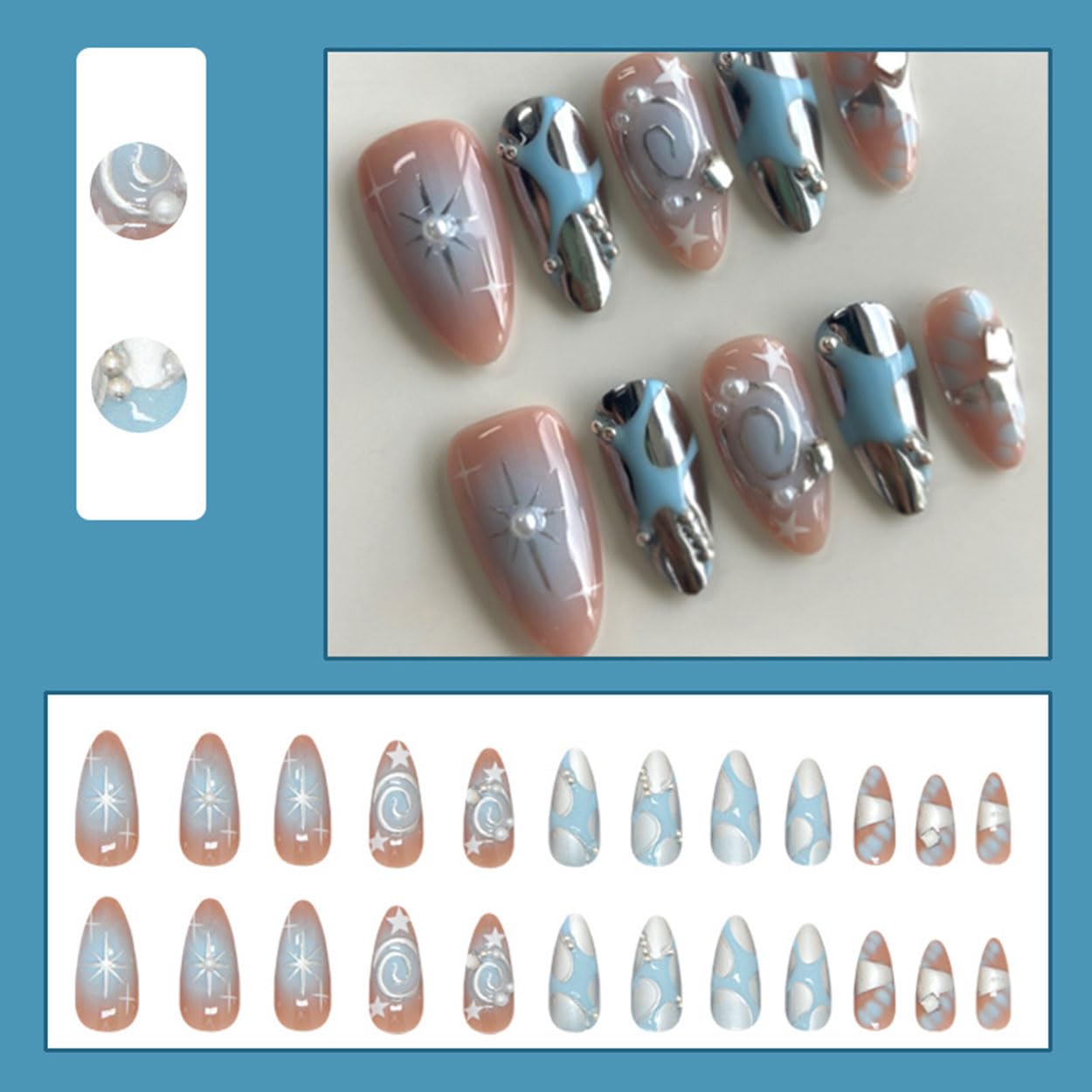 Press on Nails Almond Medium Fake Nails French Tip False Nails Press ons with Silver Starburst Design Glue on Nails Artificial Acrylic Nail Art Glossy Full Cover Stick on Nail Supplies for Women 24Pcs
