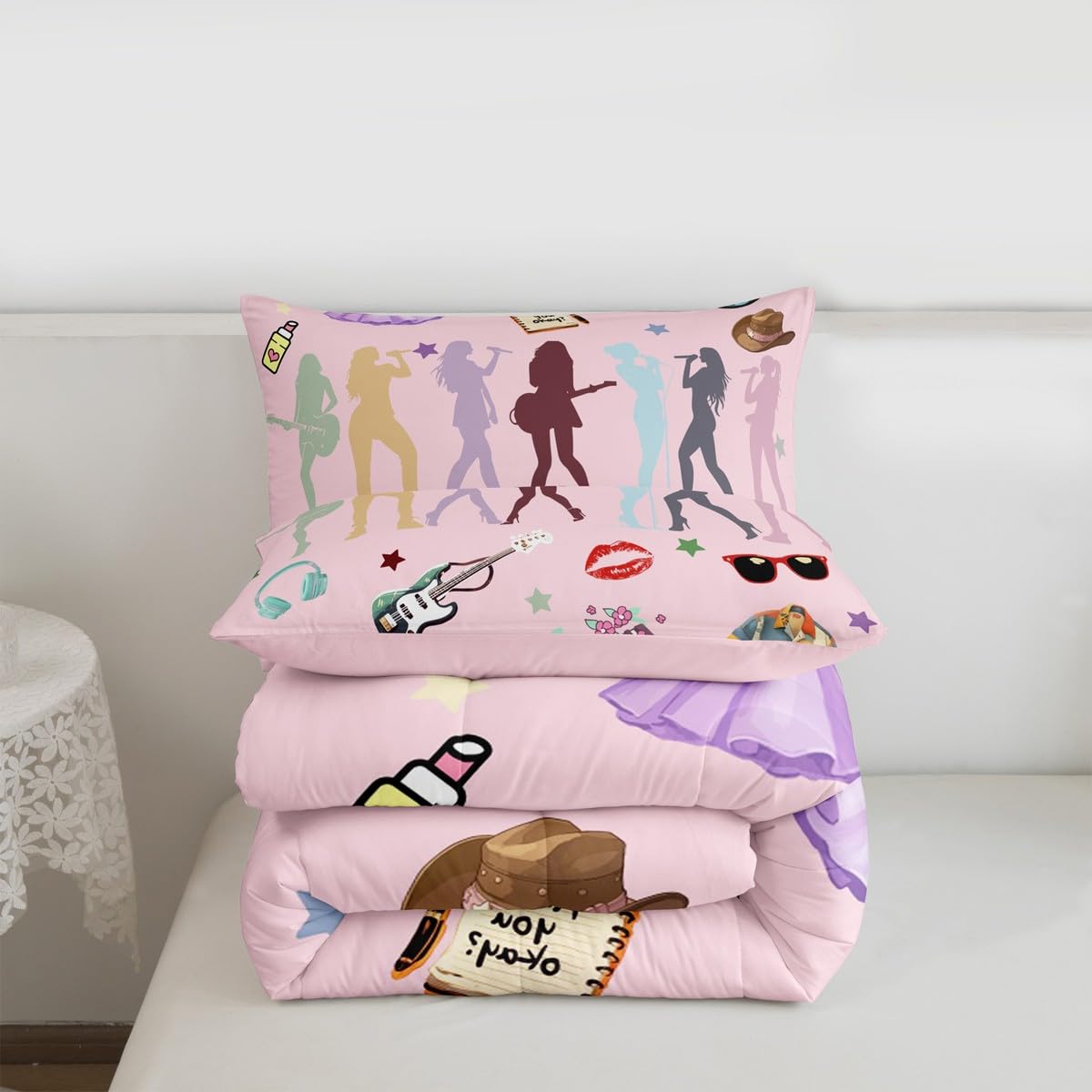 Erosebridal Pink Music Themed Bedding Set Full Girly Guitar Keyboard Comforter Set for Kids Boys Girls Disco Ball Snake Floral Bedding Comforter Sets Stylish and Modern Gifts Quilt Duvet