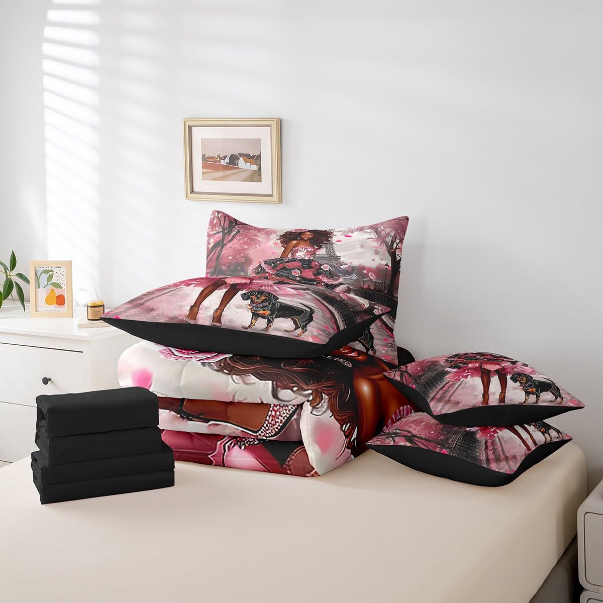 Black Fashion Lady Comforter Set Twin Size,Paris Eiffel Tower Bedding Set for Girls Teens,Romantic Valentine's Day (Comforter+Fitted+Flat Sheet+2 Pillowcases+2 Throw Pillow Covers) 7 Pieces