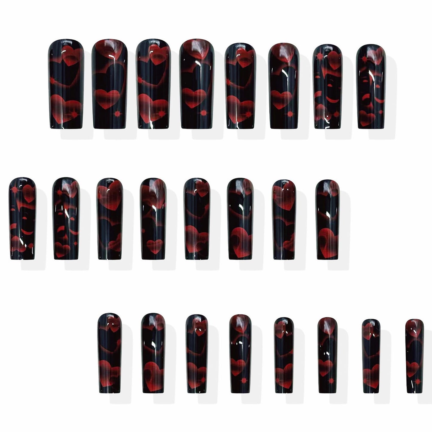MISUD Press on Nails - Long Square Fake Nails with Goth Red Black, Acrylic Heart Mask Design 24 pcs