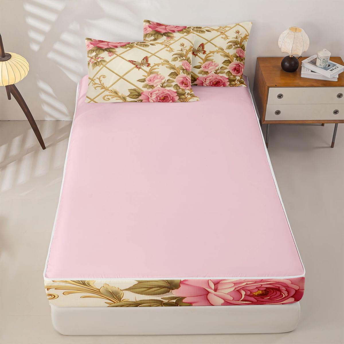 Erosebridal Victorian Rose Zip Up Comforter Set Butterflies Twin Zipper Bedding Gold Trim Print Bed Set with Sheets Romantic Floral Bed in a Bag Bedroom Decor