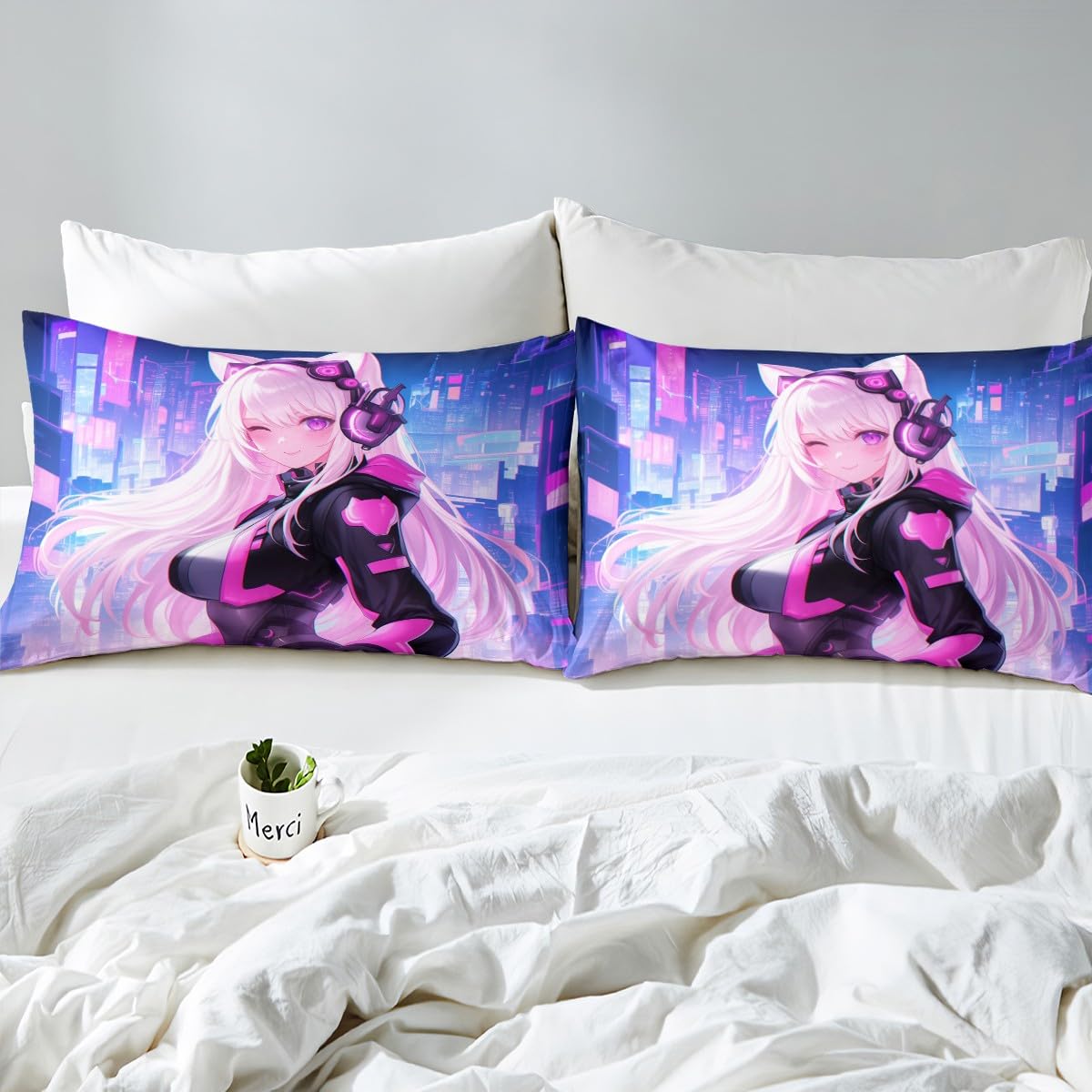 Erosebridal Twin Anime Girl Comforter Set 2 Piece, Kawaii Japanese Anime Bedding Set Cartoon Girl Bedding Comforter Sets Sci Fi Style Japanese Animation Quilt for Kids Girls Teens Adult Room