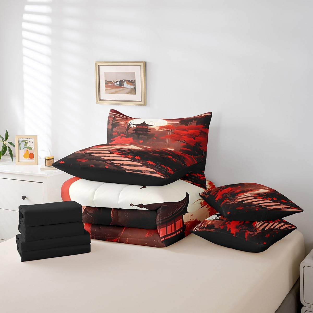 Erosebridal Oriental Theme Queen Comforter Set 7 Piece,Japanese Style Bedding Set with Sheets,Traditional Aesthetic Bed Set Red and Black Bed in a Bag with Fitted Sheet+Flat Sheet,Pillowcases