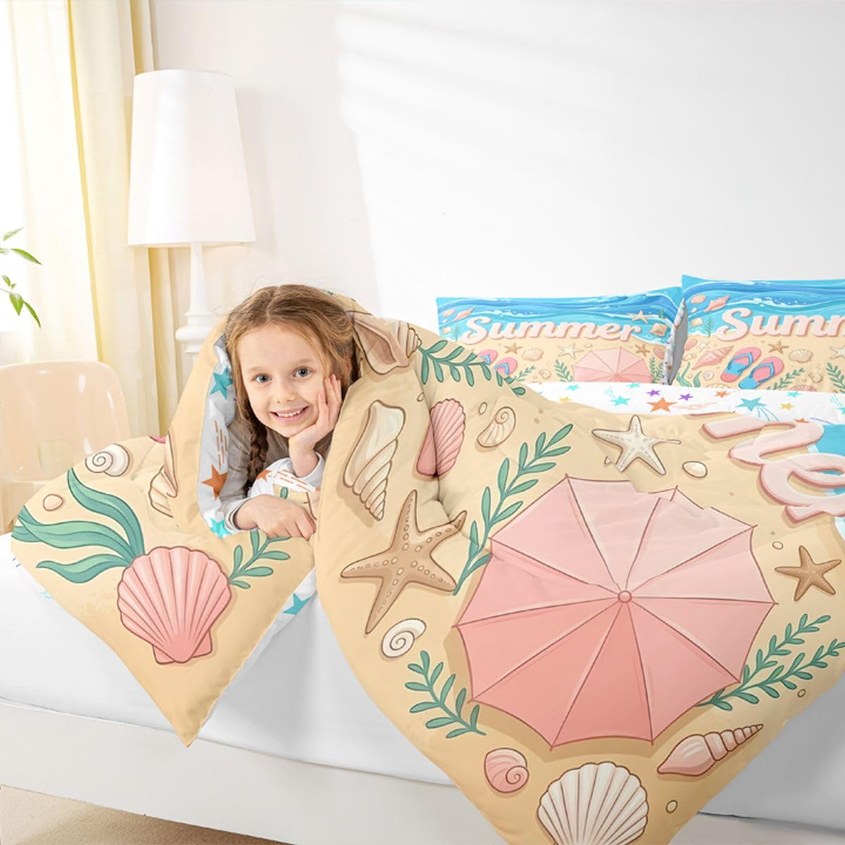 Castle Fairy Queen Size Summer Coastal Starfish Shell Conch Comforter Set with 2 Pillowcases-Blue Flip Flops Bedding for Kids Girls Room Decor,Tropical Hawaiian Beach 3 Pieces All Season Duvet Insert