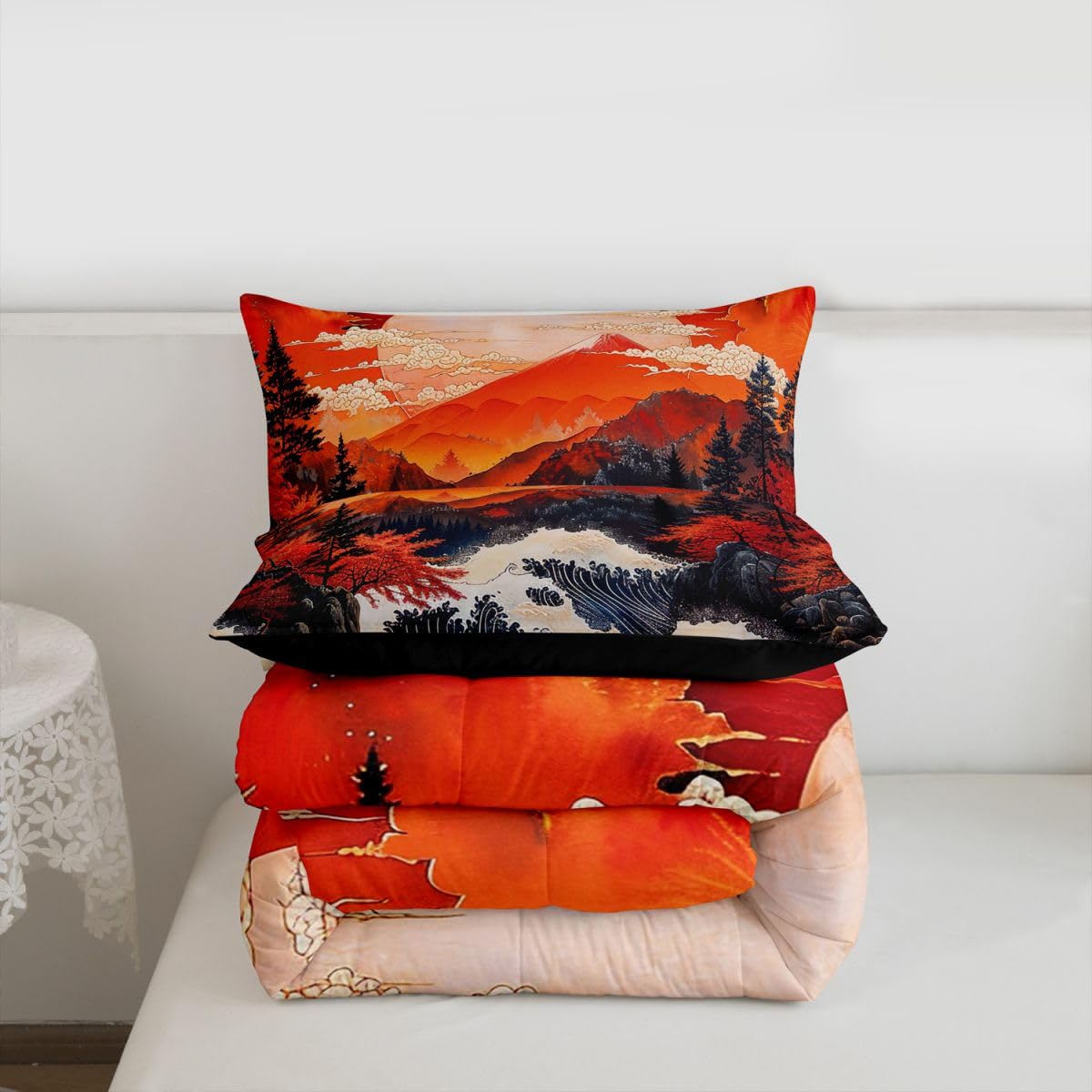 jejeloiu Wave Comforter Set All Season Red Sun Bedding Set with 2 Pillow Cases Japanese Style Microfiber Kids Queen Bedclothes Ocean Wave Bedroom Decor Duvet Quilt Breathable Soft Lightweight
