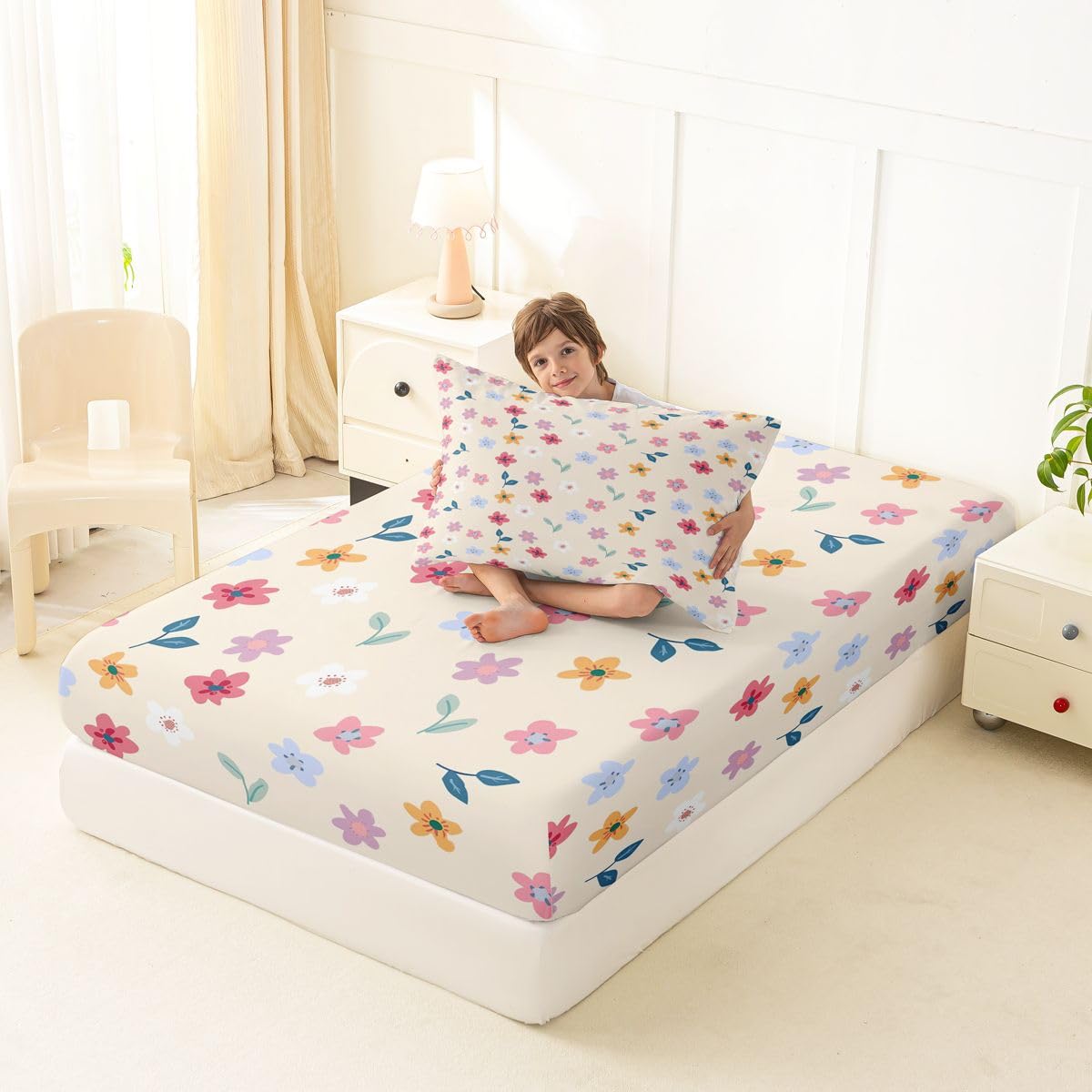 Erosebridal Cartoon Floral Bed Sheets Set Twin Boho Floral Leaves Sheet Set Farmhouse Flowers Plant Sheets Rainbow Wildflower Flat Fitted Sheet