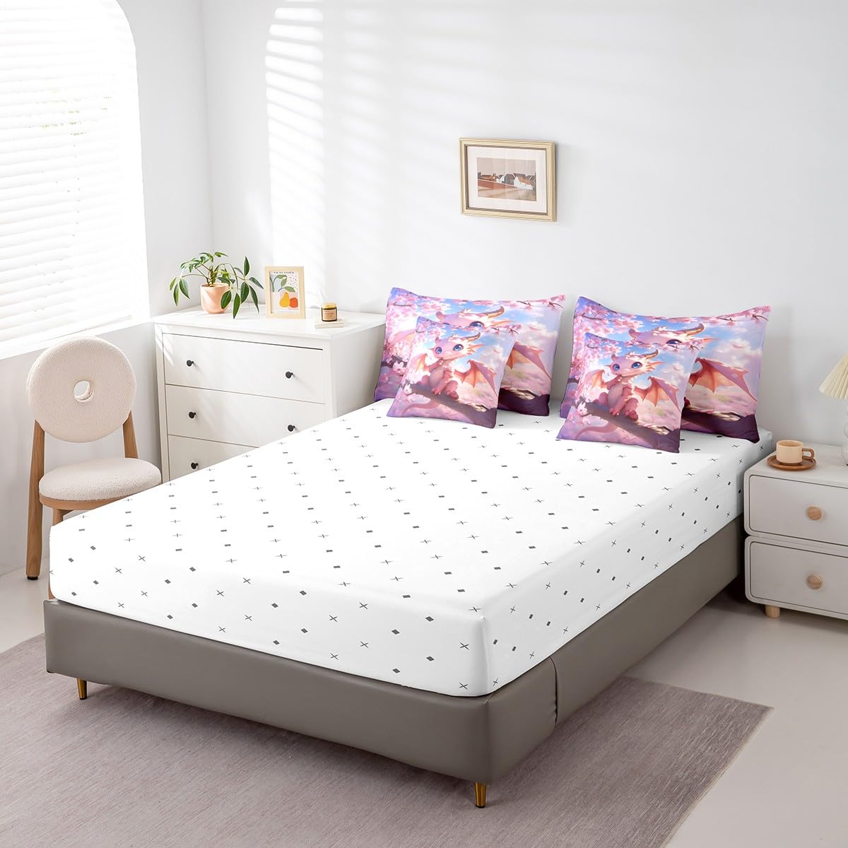 7 Pieces Cartoon Dragon Comforter Set Queen,Pink Cherry Blossom Bed Set for Kids Boys Girls,Flower Botanical Bedding(1 Comforter,1 Fitted Sheet,1 Flat Sheet,2 Pillowcases,2 Throw Pillow Cover)