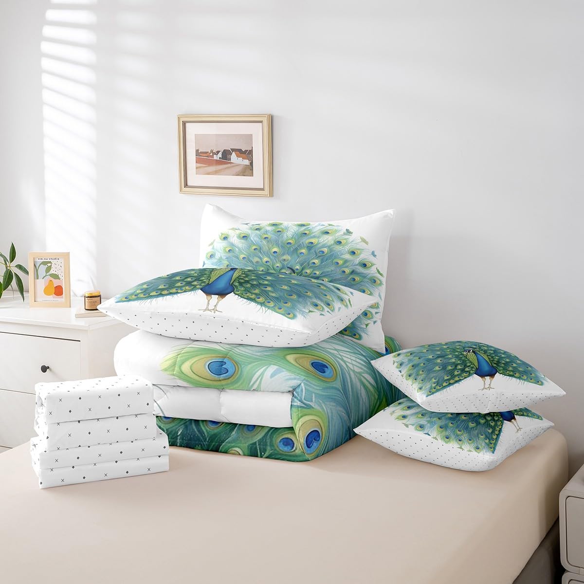 Erosebridal Peacock Comforter Set 7 Piece Bed in a Bag Twin,Watercolor Feather Bedding Sets Rustic Aesthetic Peahen Peafowl Comforter and Sheet Set,Wild Animals Bed Set