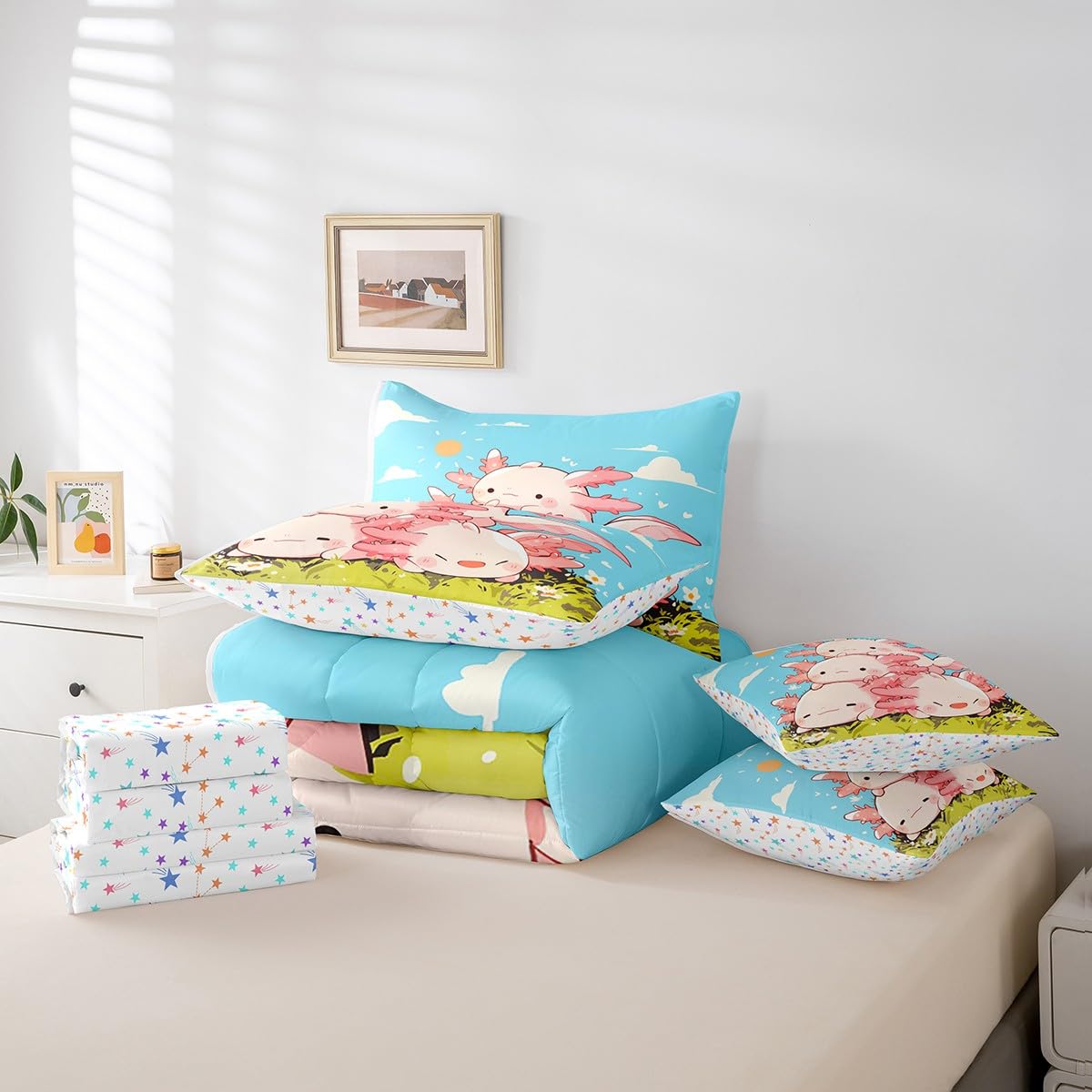 Feelyou Kids Cute Axolotl 7 Pieces Bedding Set Twin Size, Cartoon Salamander Bed in A Bag Ocean Sealife Comforter Set with Sheets Boys Girls Kawaii Animal Teens Bed Set Bedroom Decor 7Pcs