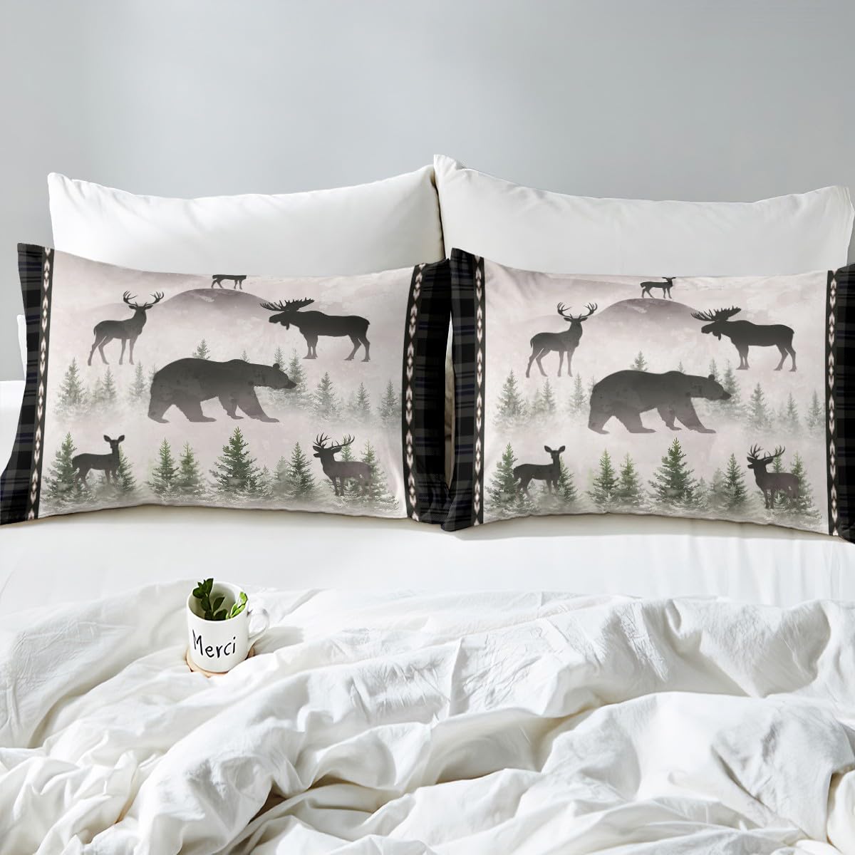 Cute Bear Deer Bed Sheets Full Size,Foggy Pine Tree Jungle Bedding Set 4Pcs,Hunting Animal Fitted Sheet for Kids Boys Woman Men Room Decor,Western Tribal Striped Top Flat Sheet,2 Pillowcases