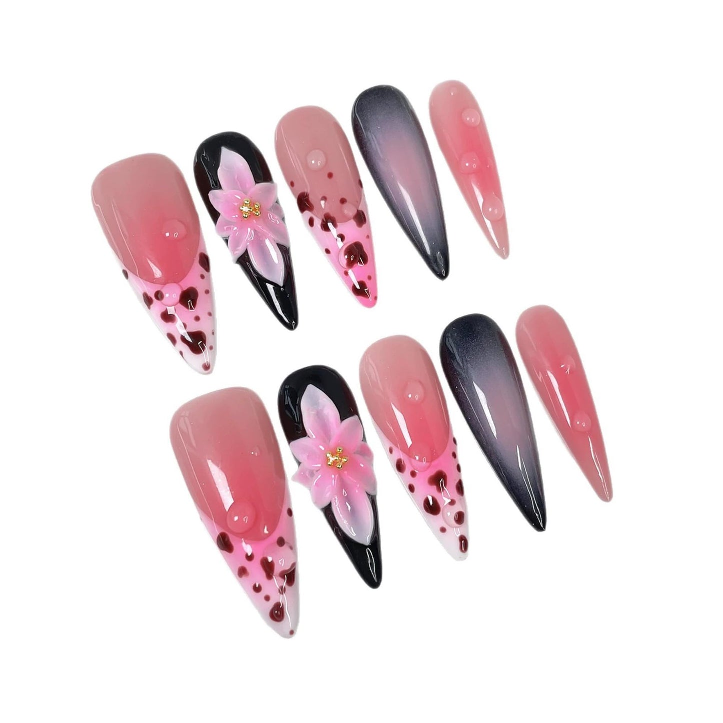 Handmade Press on Nails Almond Long Fake Nails Pink Ombre French Tip Acrylic Nails Press ons with 3D Flower Designs False Nails Luxury Full Cover Cute Stick on Nail for Women 10Pcs (Size M)