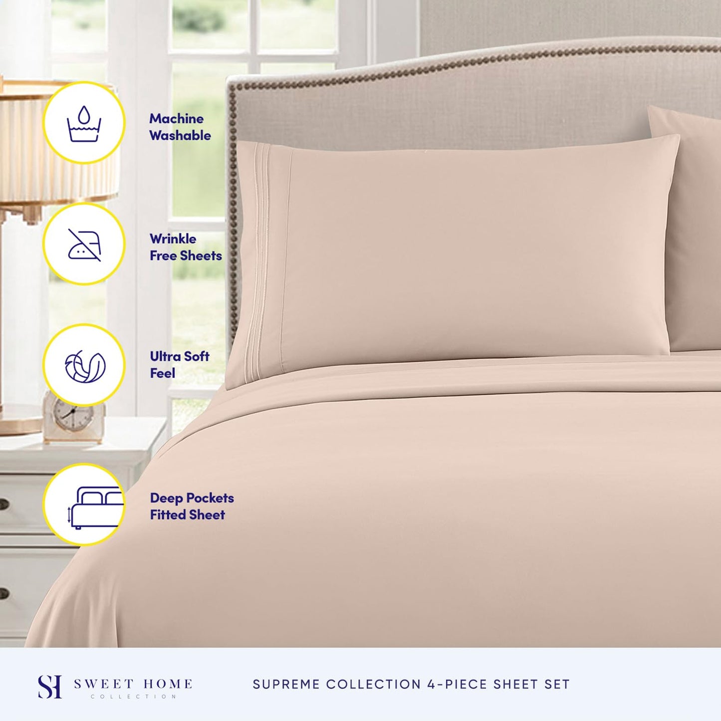 King Size Sheets - Breathable Luxury Bed Sheets with Full Elastic & Secure Corner Straps Built In - 1800 Supreme Collection Extra Soft Deep Pocket Bedding Set, Sheet Set, King, Beige