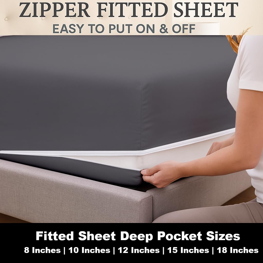 Mattress-Homes Zippered Fitted Sheet, Full Size, 10" Deep Pocket Mattress Encasement Bottom Cover with Zipper, Hotel Quality Brushed Microfiber, Soft, Wrinkle-Free, Dark Grey Solid