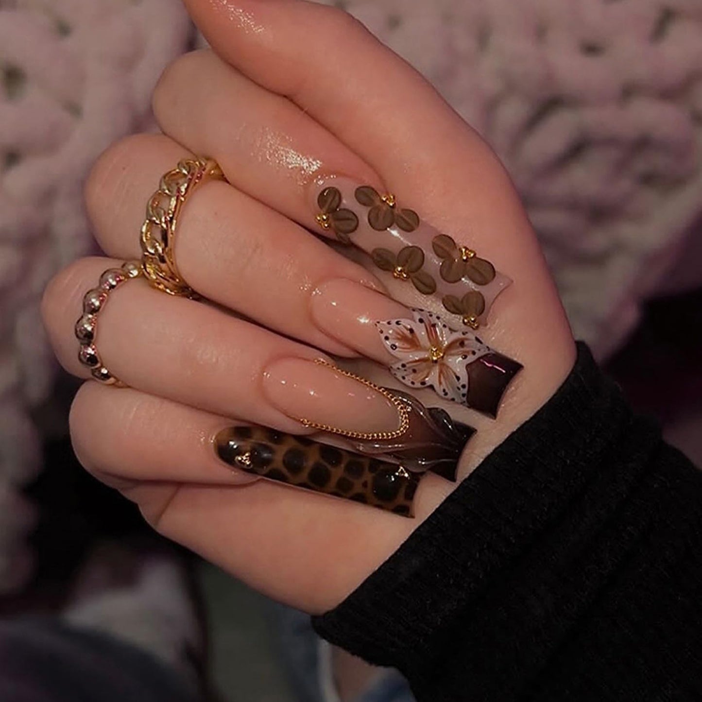 Brown Press on Nails Long Square Fake Nails French tip Glue on Nails with 3D Flower, Wave, Gold Charms Designs Full Cover Glossy False Nail Press ons Stick on Nail for Women Manicure 24Pcs