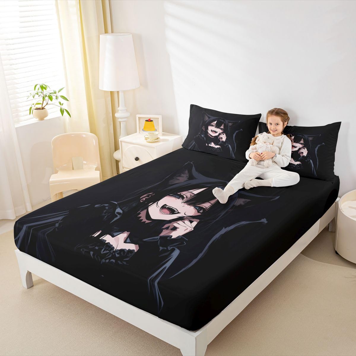 Erosebridal Anime Girl Queen Bed Sheets 3D Japanese Fitted Sheet,Gothic Style Cat Girls Kids Bedding Sets Cool Anime Gift Sheets with 2 Pillowcases