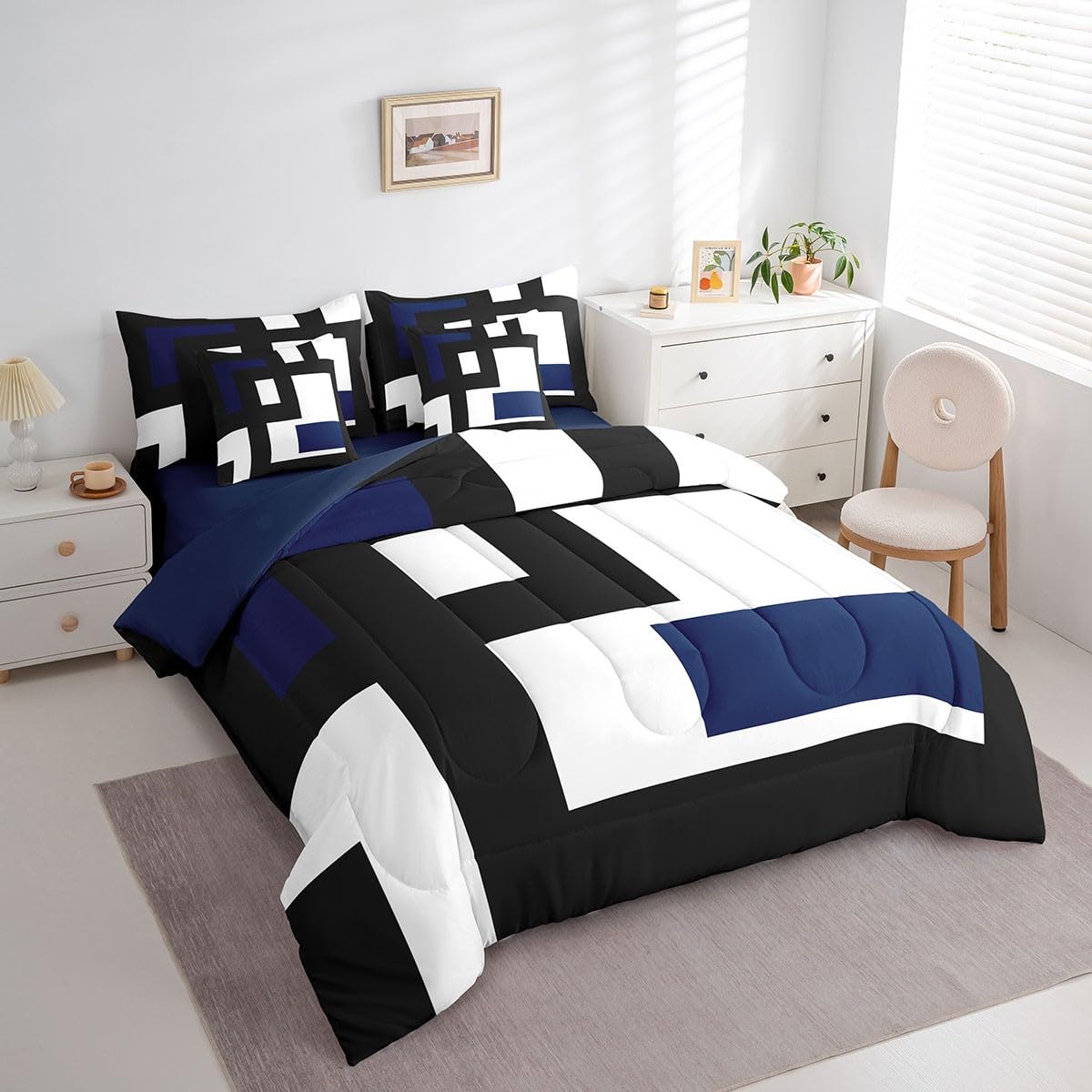 Erosebridal 7Pcs Black and White Striped Bed in A Bag King,Abstract Square Comforter Set for Kids Teens Adult,Modern Geometric Stripes Bold Lines Bedding Set,Minimalist Stylish Bed Sheets