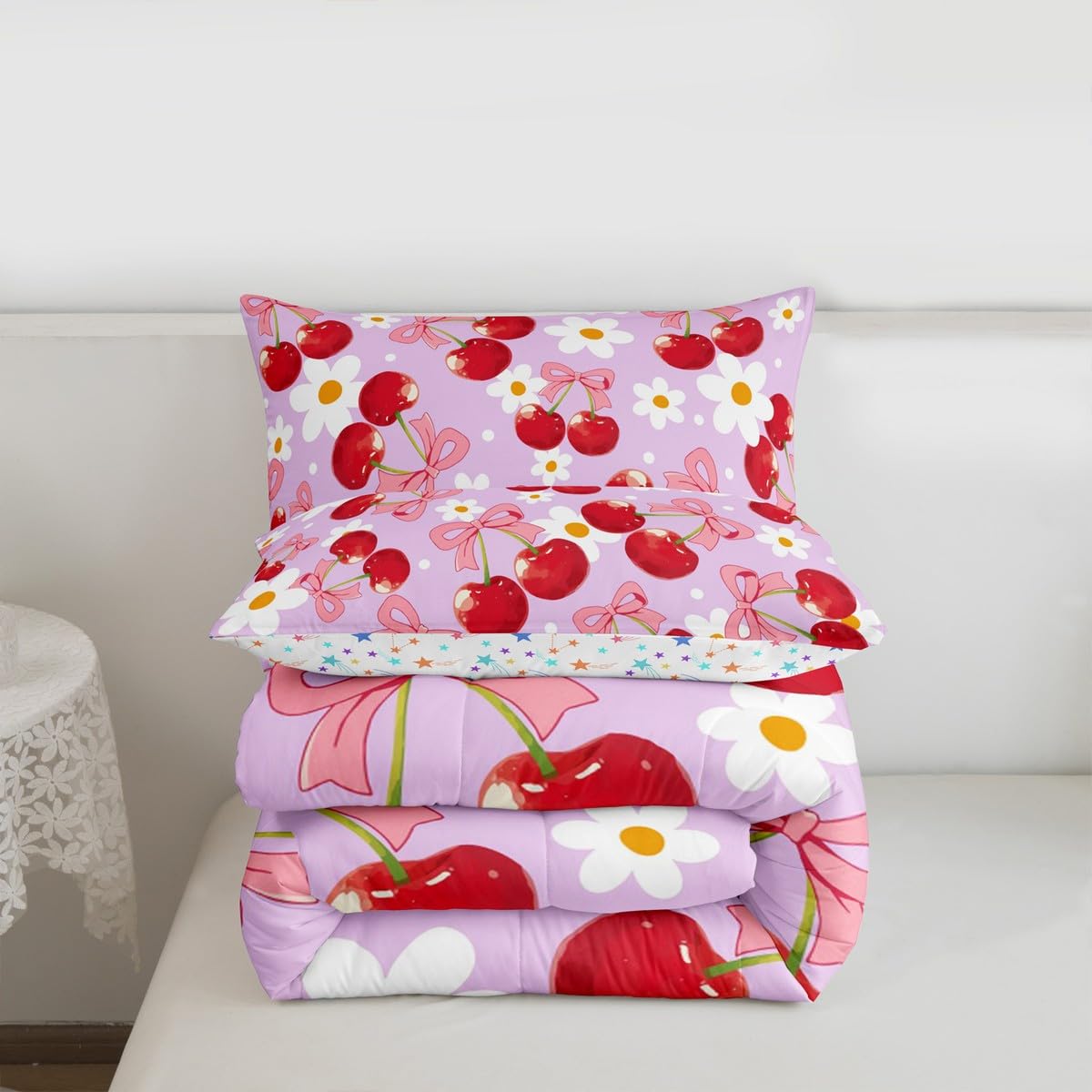 Erosebridal Red Cherry Bow Comforter Set Pink Bow Tie Full Size Bedding Sets | Daisy Flowers Rustic Comforter Dreamy Princess Style Ribbon Bowknot Bed Set,Purple