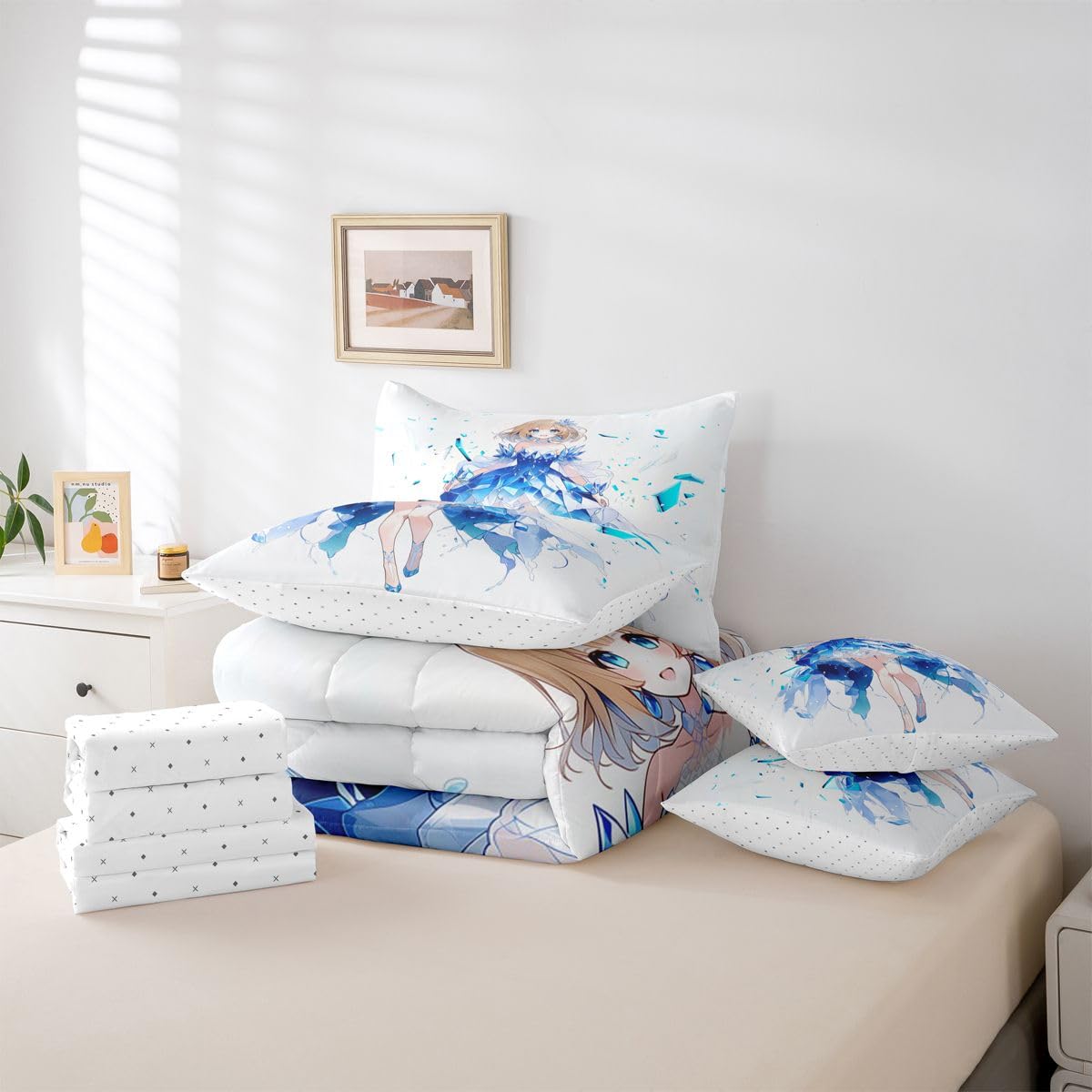 Erosebridal Anime Girl Twin Comforter Set 7 Piece Japanese Girl Bedding Set,3D Anime Cartoon Bed in A Bag for Kids,Japanese Style Sheet Set with Comforter(Blue)