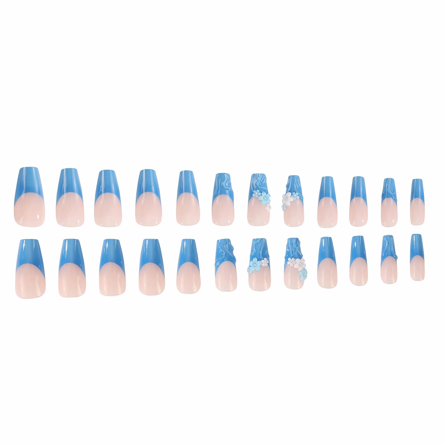 BABALAL Press on Nails Long Coffin Fake Nails Blue French Tip Glue ons with Flower Charm 3D Texture Handmade Design Supplies Art 24Pcs Glossy Manicure Full Cover Acrylic False Nails
