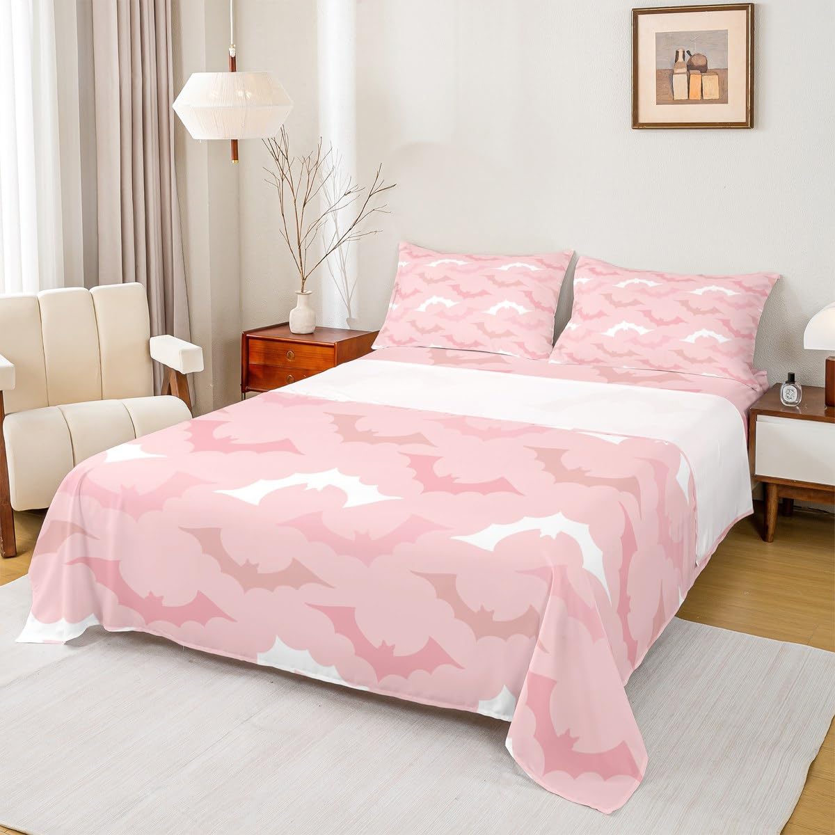 Happy Halloween Theme Kids Sheet Full Size,Cartoon Bats Silhouettes Bedding Set,Boys Girls Adults Room Decor,Gothic Bats Cute Pink Romantic Bed Sheet Set 4pcs(Fitted + Flat + 2 Pillowcases)