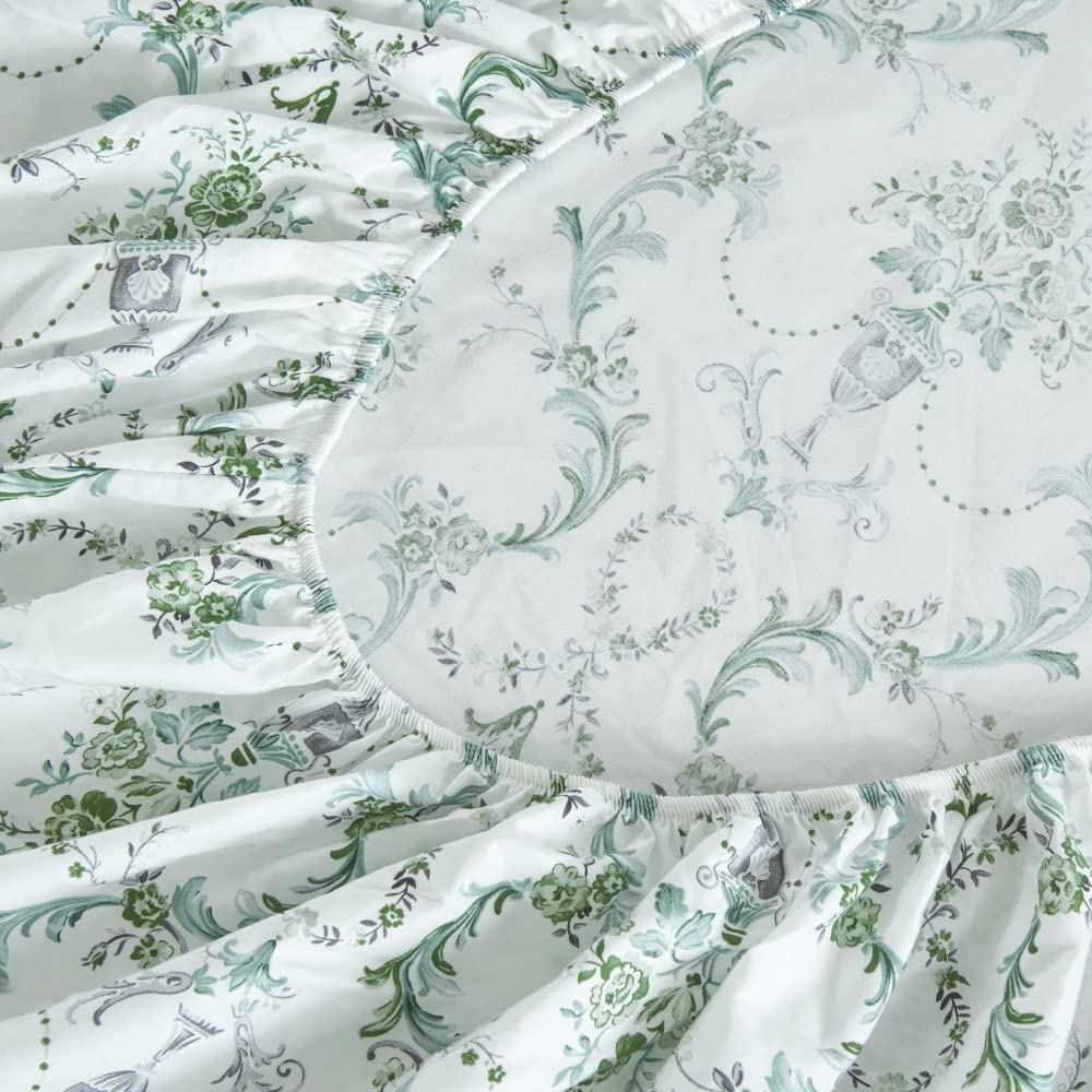 DAUAOTO 100% Cotton Bedding Printed Sheets Set for King Size Bed Up to 14" Deep Mattress, Botanical Vines Pattern Bedlinen Sets, Green