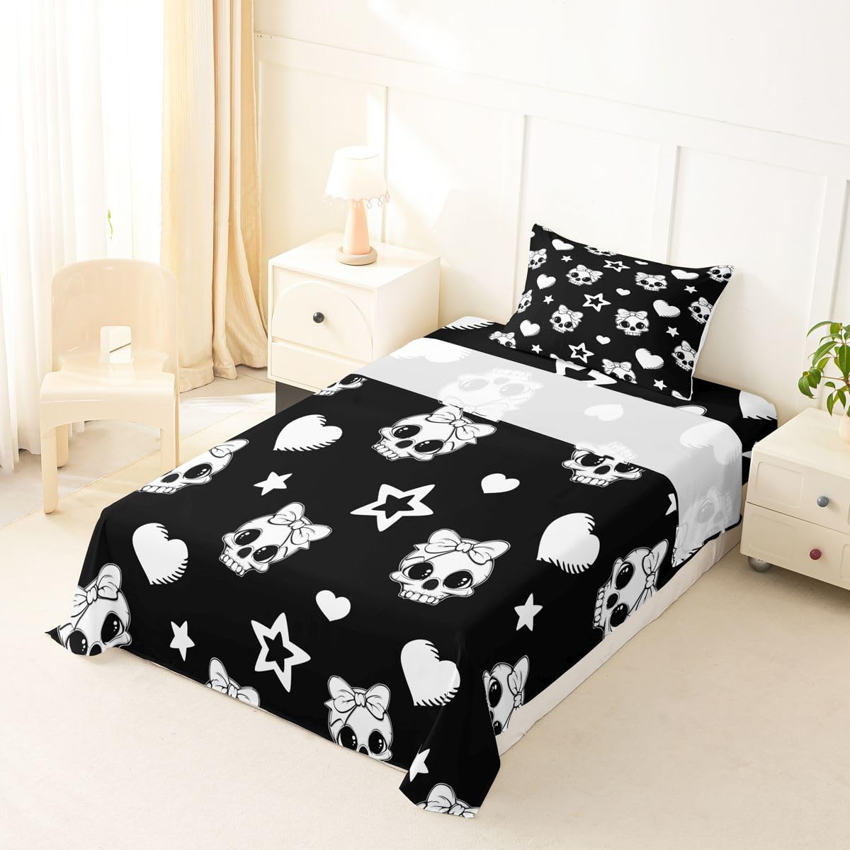 Castle Fairy Cute Skull Bed Sheets Twin Size,Star Love Bowknot Pattern Easy Wash Bedding Set,Cartoon Halloween Skeleton Kids Room Decor,Black and White Sheet(Fitted+Flat+1 Pillowcase)