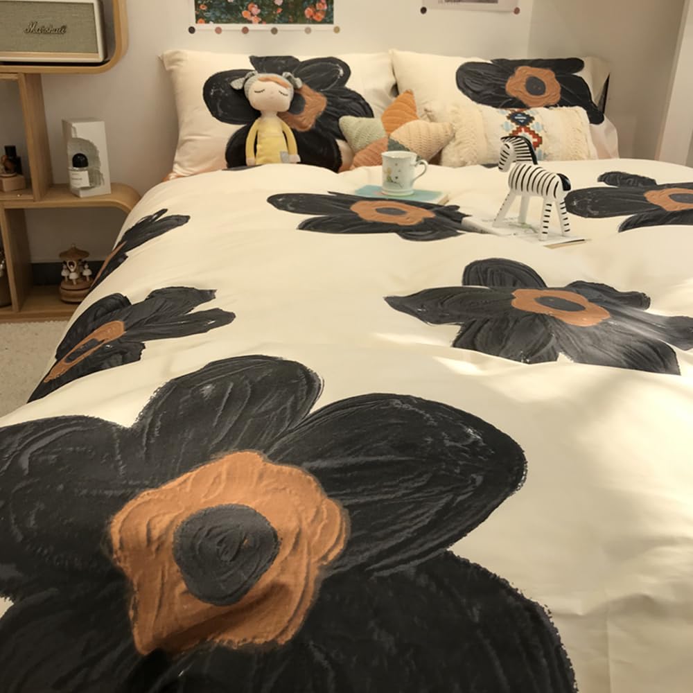 CLOTHKNOW Black Beige Floral Twin/Twin XL Comforter Set Sunflower Bedding Comforter Sets Brown Plaid Comforter Boho Comforter with 2 x Pillow Cases