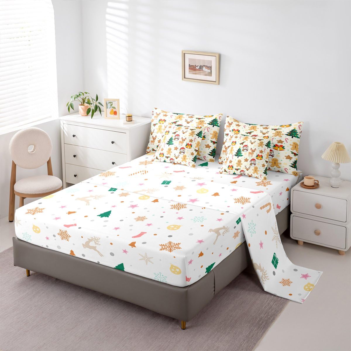 Feelyou Merry Christmas Comforter Set with Sheets 7 Piece Twin Size Gingerbread Man Bed in a Bag Kids Boys Girls Cute Deer Bedding Set Christmas Tree Soft