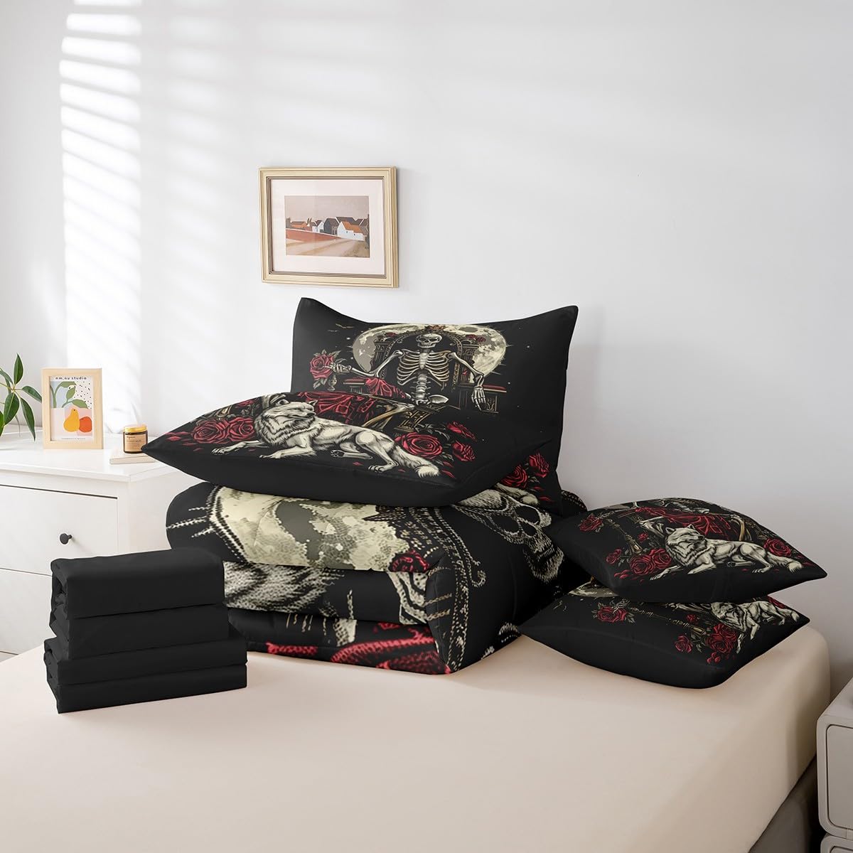 Erosebridal King Skull Bed in A Bag Red Roses Valentine's Day Comforter Set Full Size,Starry Sky Moon 7 Piece Bedding Set Wildlife Wolf Bed Set for Adults Men Women Room Decor