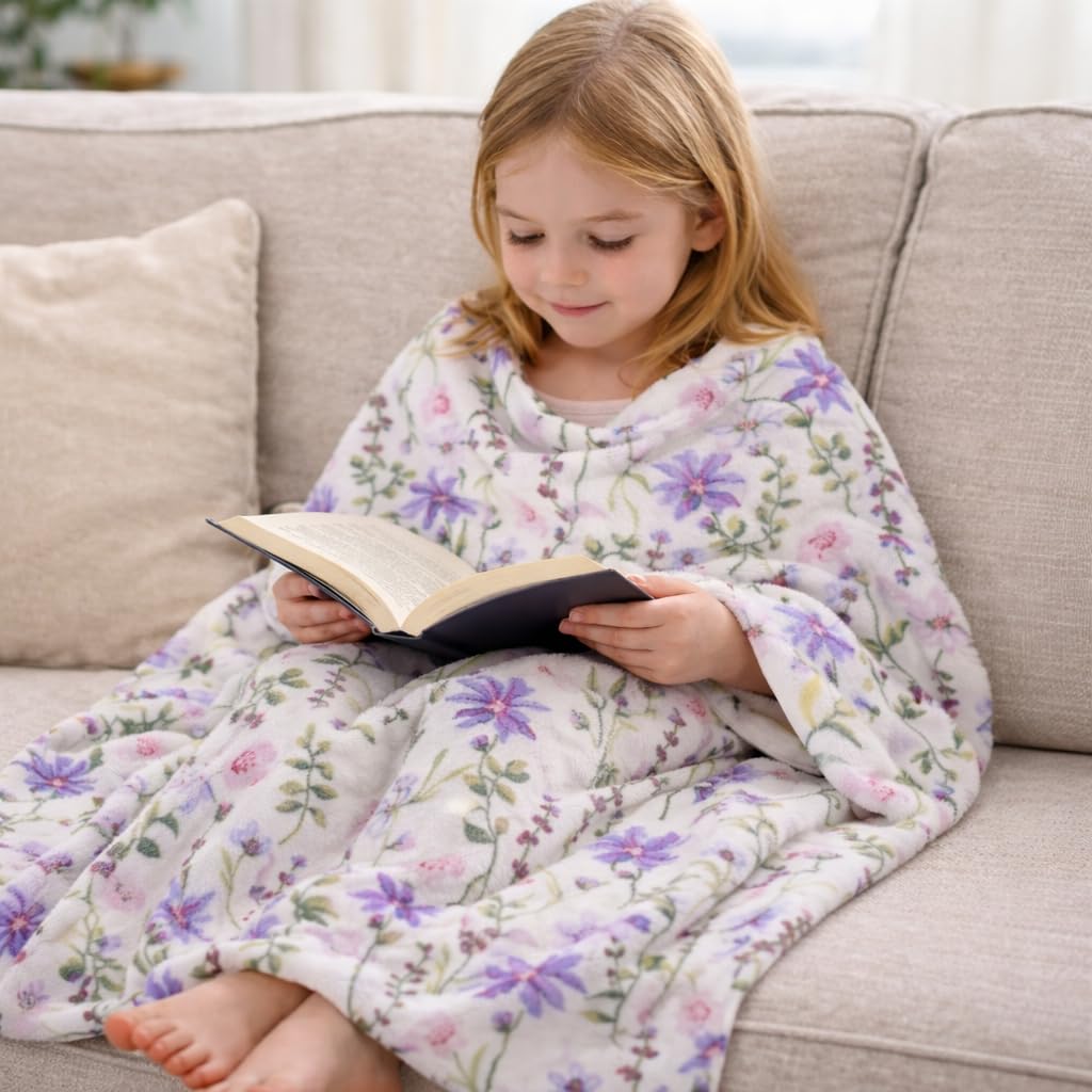 Serafina Home Spring Velvet Fleece Floral Throw Blanket: Wild Flowers of Pink Purple Green on a Colorful Soft Cozy White Design, Oversized 50" x 70"