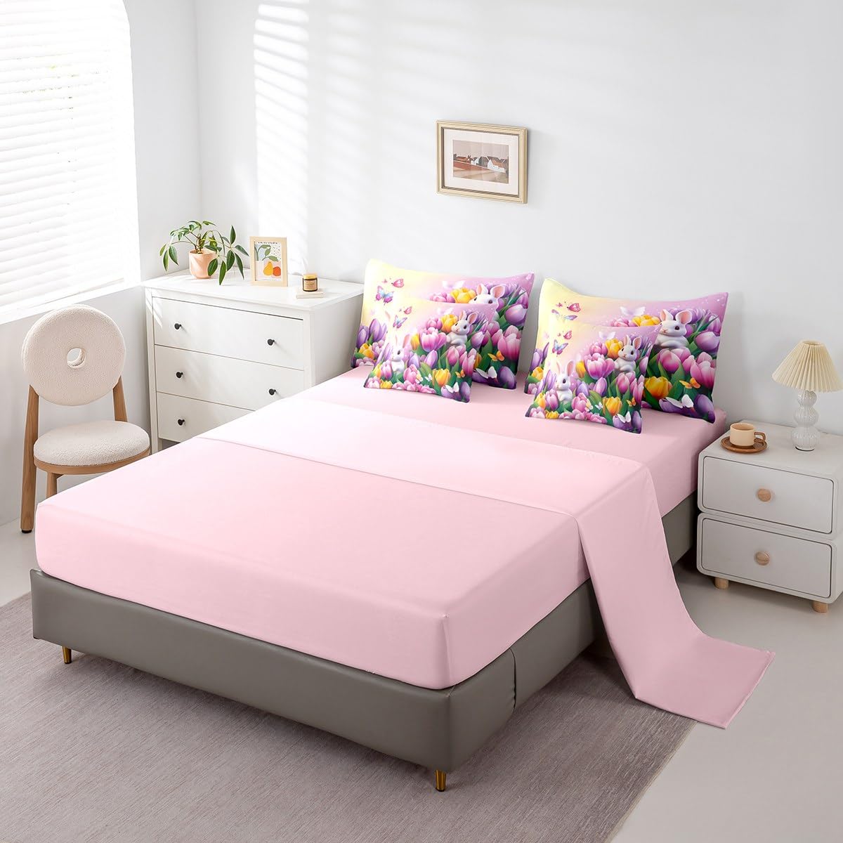 Erosebridal Pastel Tulip King Comforter Set 7 Piece Spring Tulip Flowers Bedding Set Pink Purple Garden Floral Bed in A Bag Cute Kawaii Rabbit Sheet Set with Comforter for Kids Boys Girls