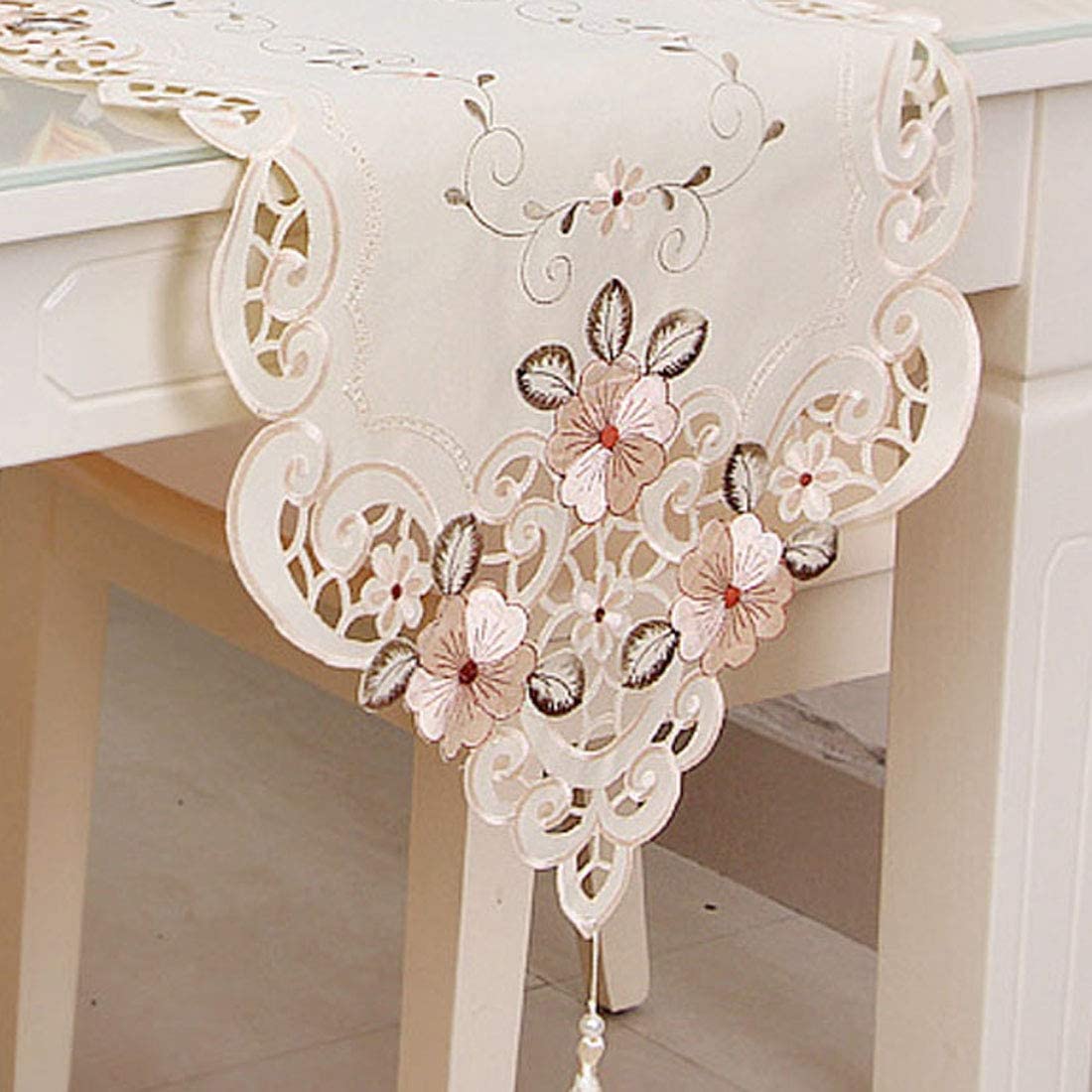 LeLehome 15" X 58" Classic Table Runner, Flower Embroidery Vintage Lace Cream Beige Polyester Fabric Dresser Scarves