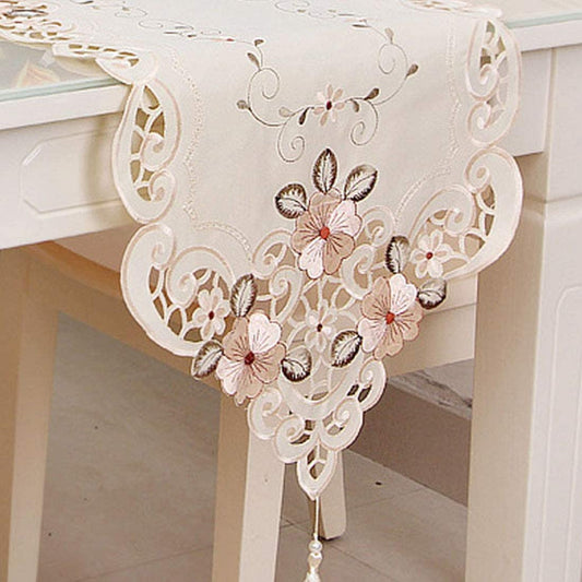 LeLehome 15" X 58" Classic Table Runner, Flower Embroidery Vintage Lace Cream Beige Polyester Fabric Dresser Scarves