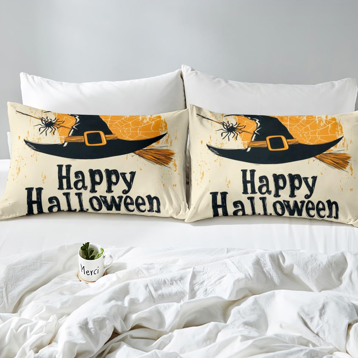 Feelyou Kids Happy Halloween Bedding Set Full Size, Witch Bed Sheets Set Boys Girls Spider Web Sheet Set Horror Decor Teens Bedroom Decor 4Pcs