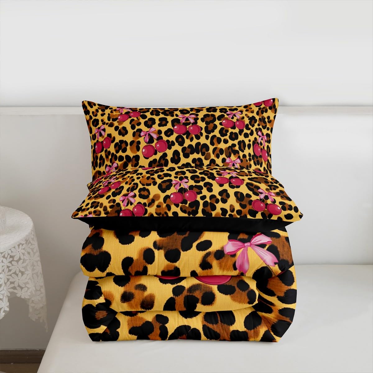 Erosebridal Pink Cherry Bow Comforter Set Leopard Print Full Size Bedding Sets | Cute Ribbon Bowknot Comforter Modern Cheetah Print Bed Set