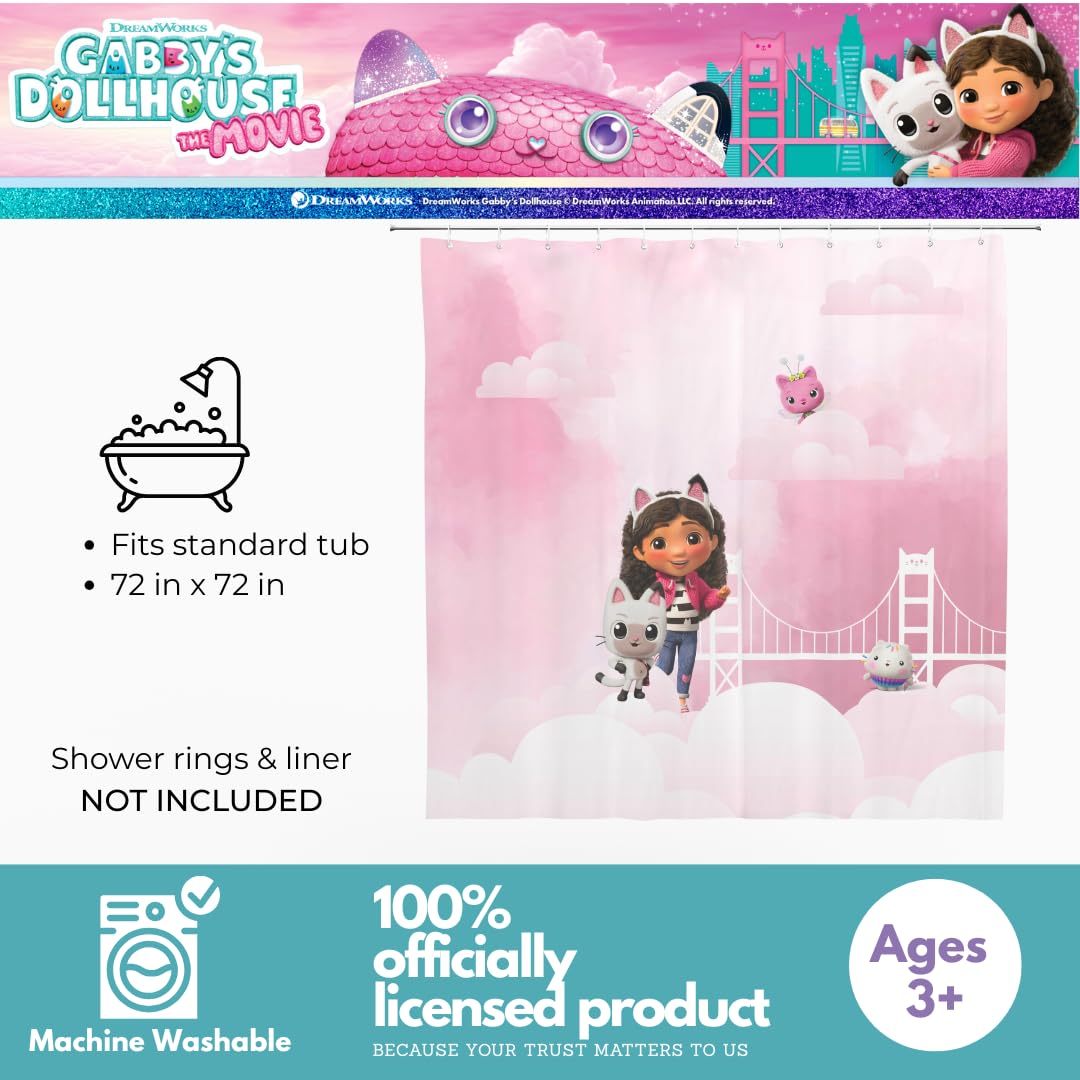 Gabby's Dollhouse The Movie 13-Piece Shower Curtain Set, 72 x 72 Inch Fabric Curtain with Hooks, Bathroom Decor, Machine Washable, (100% Officially Licensed Product) by Franco Collectibles