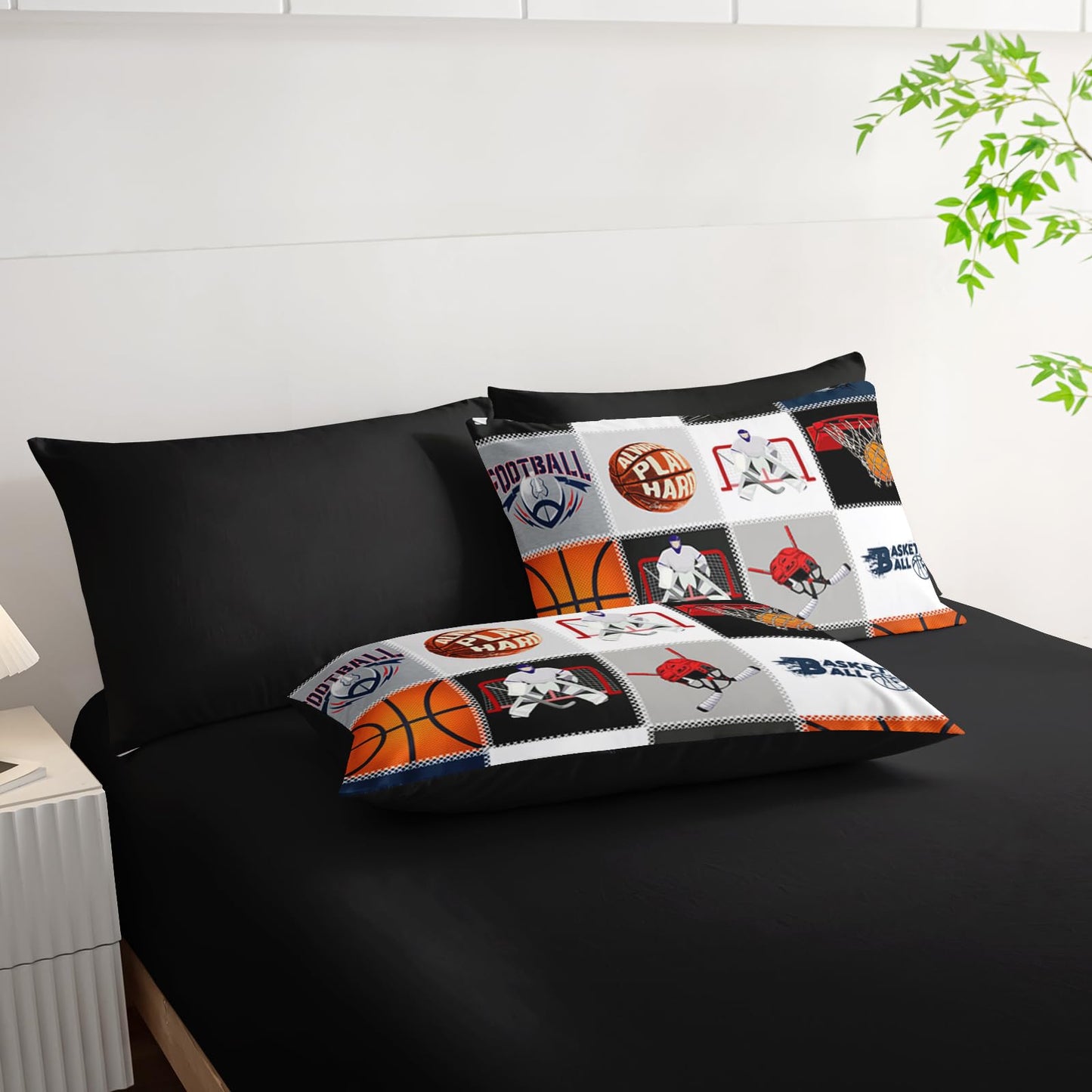 AILONEN Sports Comforter Set Twin Size,Basketball Football Soccer Ball Print Player Bed in a Bag,7Pcs Soft Microfiber Comforter,Fitted Sheet,Flat Sheet,2 Pillowcases,2 Pillow Shams for Kids Boys Men