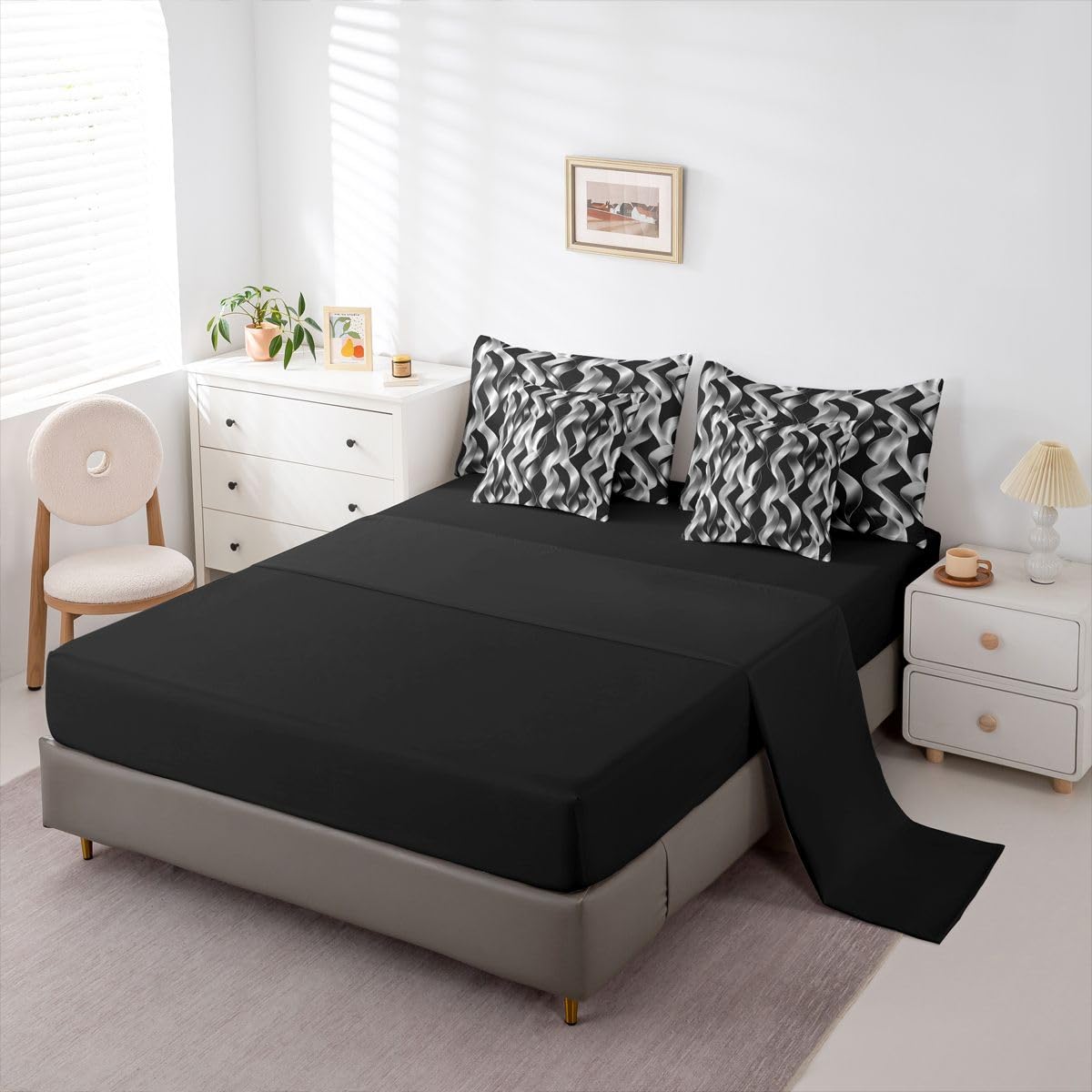 jejeloiu Modern Abstract Geometric Comforter Set with Sheets 7 Piece Full Size Geometric Spiral Pattern Bed in a Bag Kids Boys Girls Black Bedding Set Bedroom Decor Breathable Microfiber