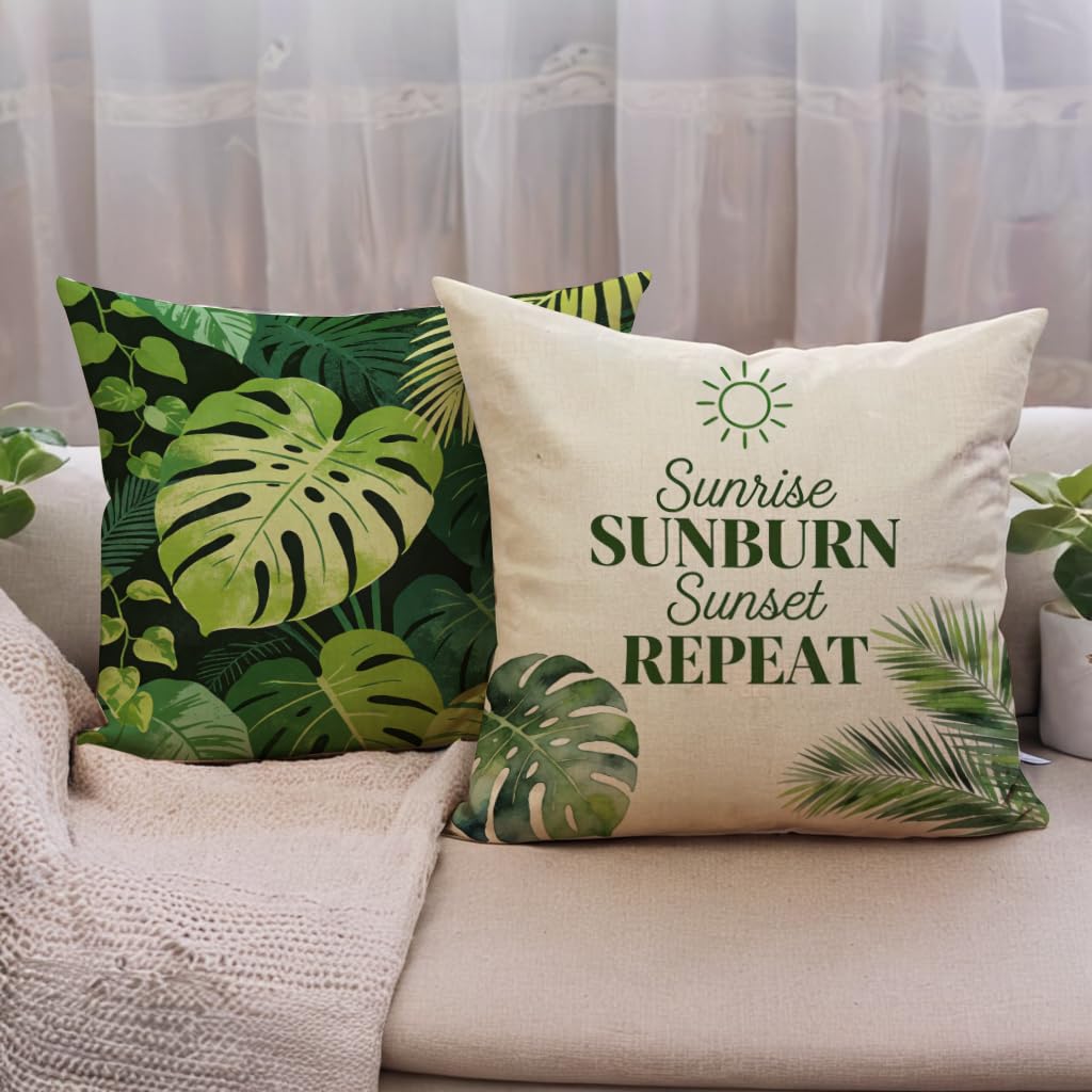 Set of 4 Summer Tropical Leaves Throw Pillow Covers 18x18 Inch, Green Plant Positive Vibes Sunshine Quote Cushion Cover Farmhouse Summer Sunshine Home Decor Pillowcases ,for Sofa Couch Patio (Green)
