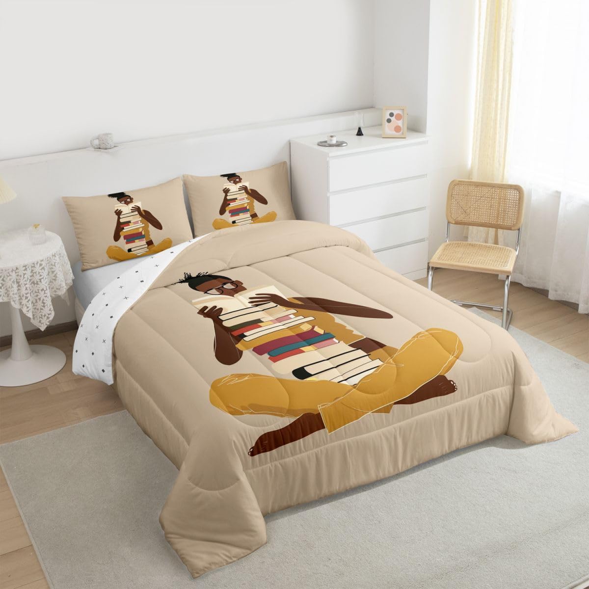 jejeloiu Black Girl Bedding Set Soft for Boys Girls, African American Comforter Set Toddler Size Book Reading Study Duvet Quilt Microfiber Bedroom Decor 2 Pcs with 1 Pillow Cases