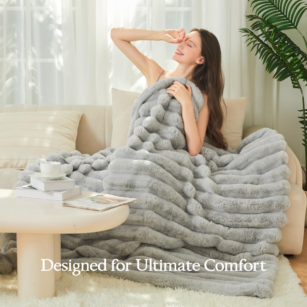The Nantucket Blanket - LuxeComfort Faux Fur Striped Blanket 60"x70" Pebble Grey - Luxuriously Soft Cozy Warm Gift for Women, Plush Silky Fuzzy Heavyweight Reversible Design Home Decor