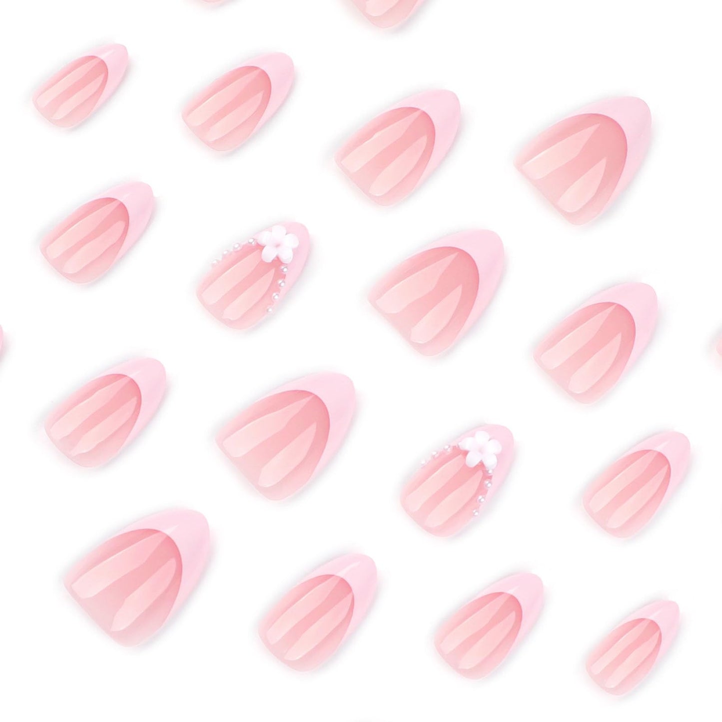 French Tip Press on Nails Short False Nails Nude Pink 3D Pearl Flower Design Stick on Nails Full Cover Reusable False Nail for Women 24 Pcs