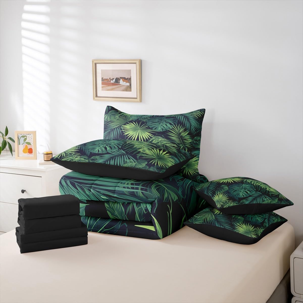 Erosebridal Palm Leaves King Comforter Set 7 Pieces, Monstera Bed in A Bag for Bedroom, Hawaii Tropical Leaves Bedding Set with Comforters, Sheets, Pillowcases Summer Boho Hippie Style Room Decor