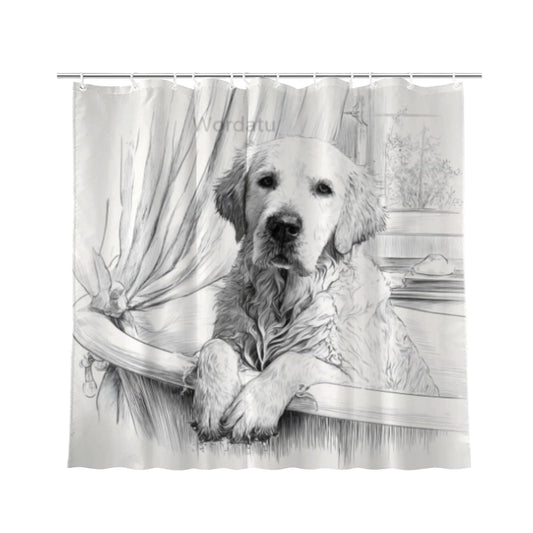 Wordatu Funny Golden Retriever Shower Curtain Bathroom Set 72x72 Inches Black White Taking Bubble Bath Animal Pet Vintage Bath Art Home Decor Fabric 12 Hooks