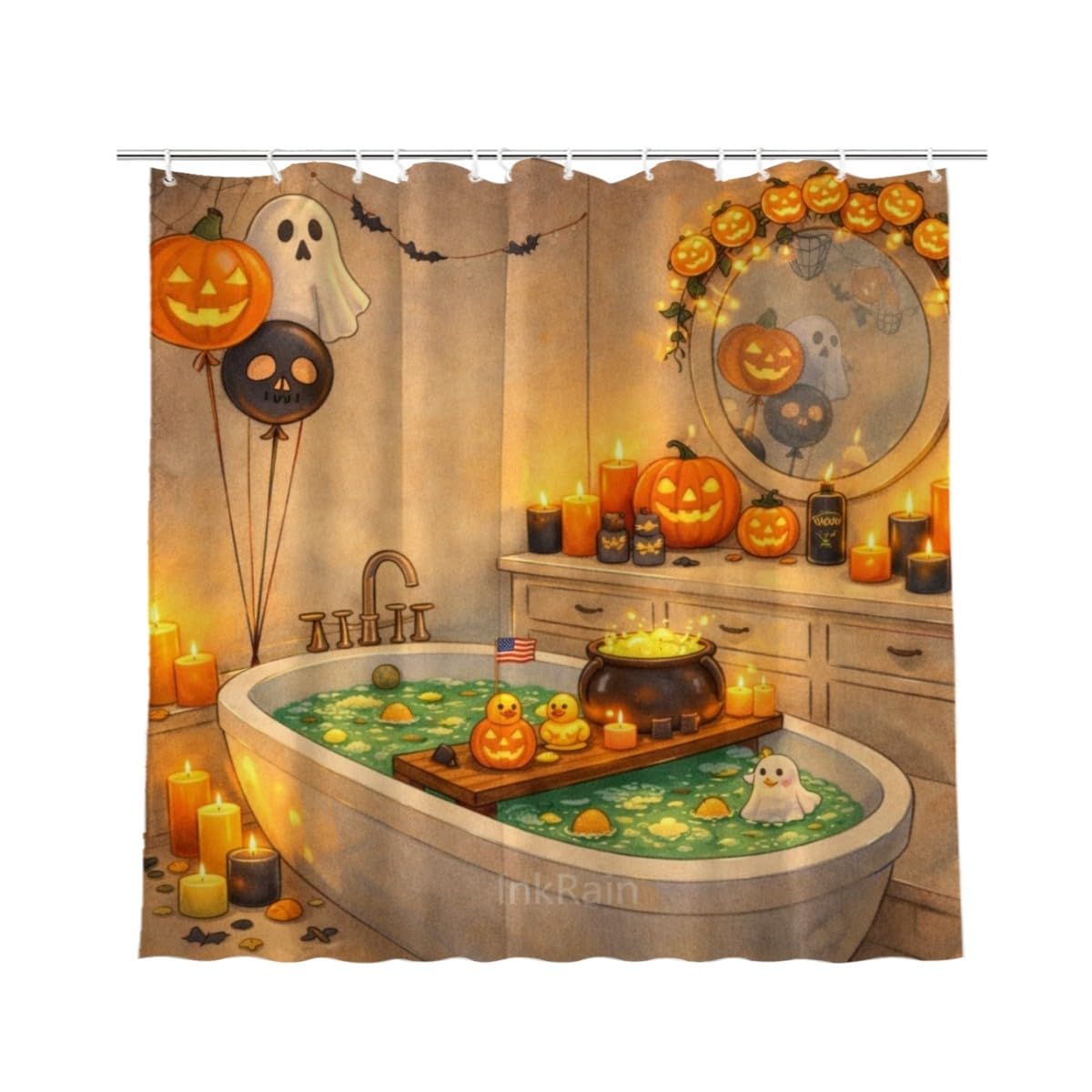 InkRain Halloween Shower Curtain for Bathroom Bathroom Decor Farmhouse Bathtub Decor Fabric Waterproof Bath Curtain 72x80 Inch with 12 Hooks