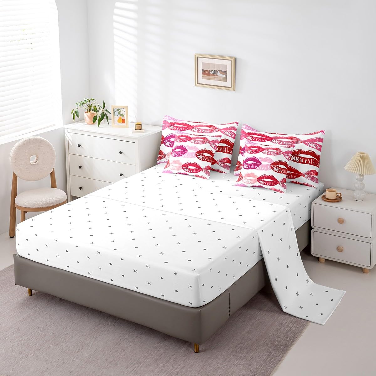 Erosebridal Red Pink Lip Comforter Set for Girls Teens Women 3D Mouth Print Bedding Sets 7 Piece Twin Fashion Lip Bed in A Bag Boys Modern Abstrict Art Quilt with Flat Fitted Sheet All Season