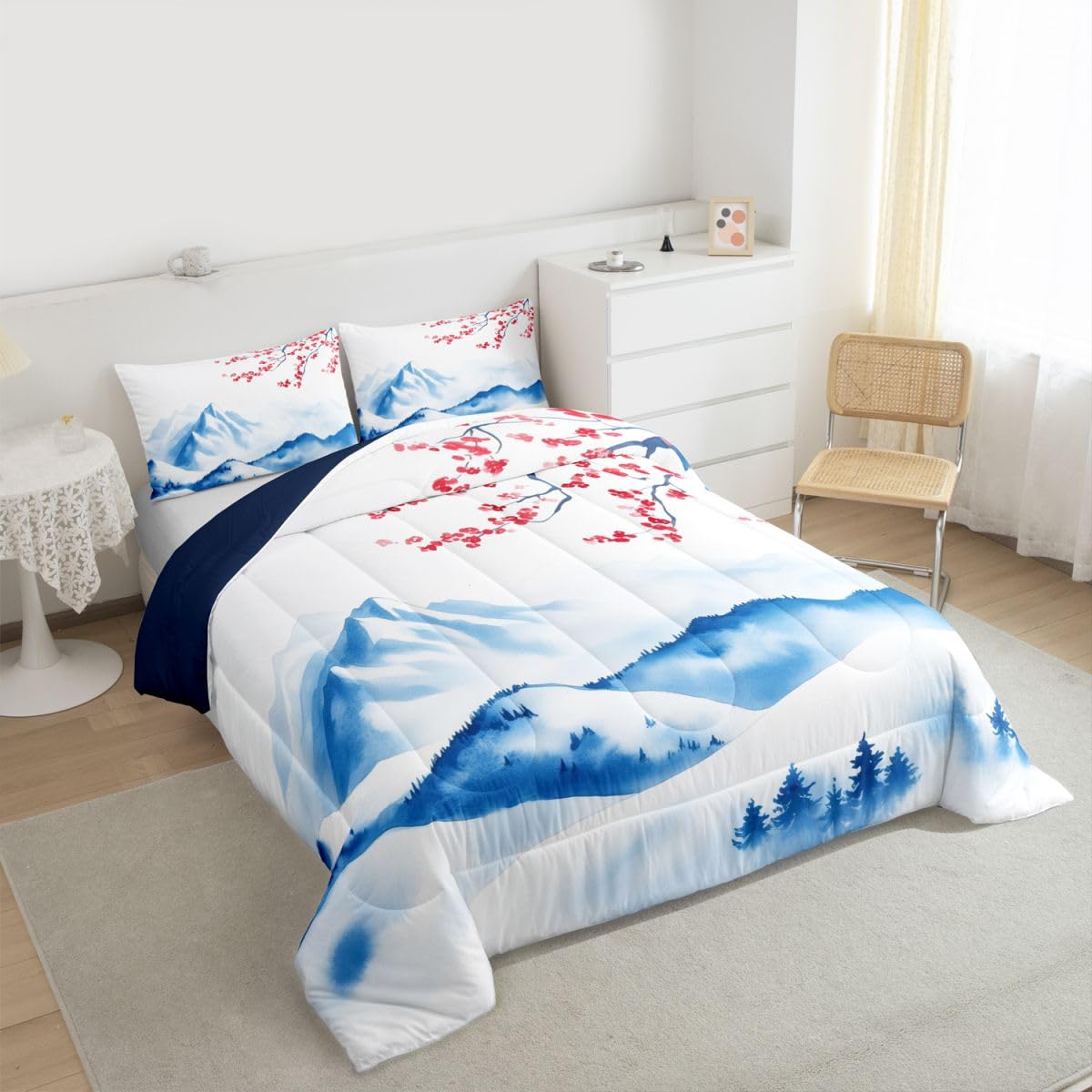 jejeloiu Japanese Wave Bedding Set Soft for Boys Girls, Cherry Blossom Comforter Set Queen Size Mountain Duvet Quilt Microfiber Japanese Style Bedroom Decor 3 Pcs with 2 Pillow Cases