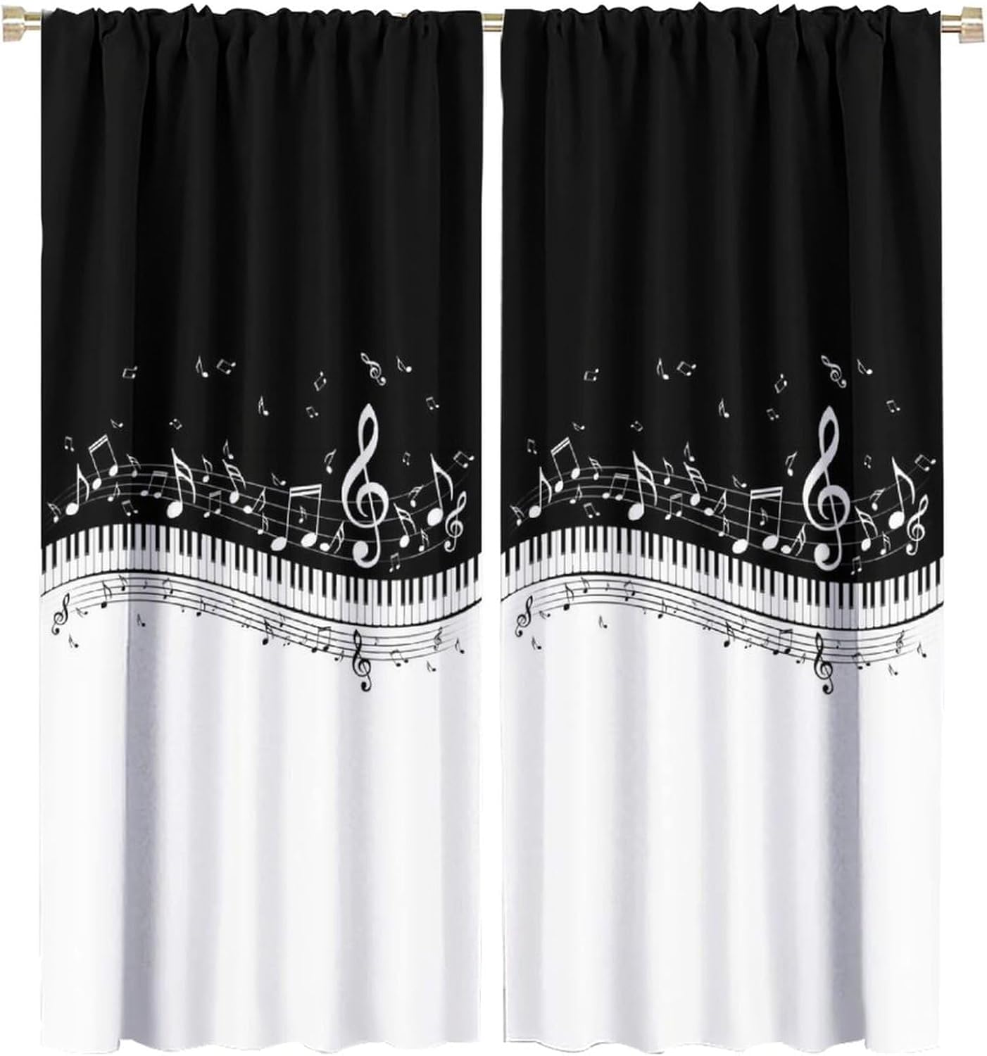 HZOHNAGO Music Curtain Black and White Musical Notes Piano Key Pattern Blackout Print Rod Pocket Window Drapes for Bedroom Living Room 42x45in