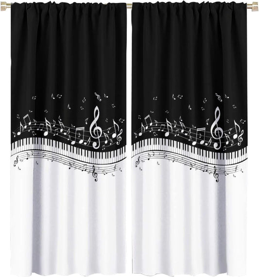 HZOHNAGO Music Curtain Black and White Musical Notes Piano Key Pattern Blackout Print Rod Pocket Window Drapes for Bedroom Living Room 42x45in