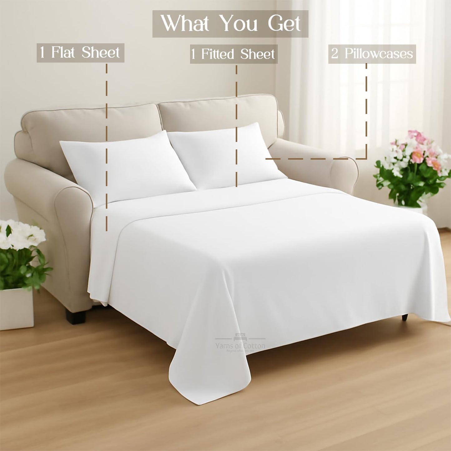 Sleeper Sofa Bed Sheet, 100% Cotton 400 Thread Count, 4 Piece Set, Deep Pocket Fitted Sheet, Soft Wrinkle Free & Breathable, Luxury Hotel Quality, Fits Up to 6 Inch Mattress (Full, White)